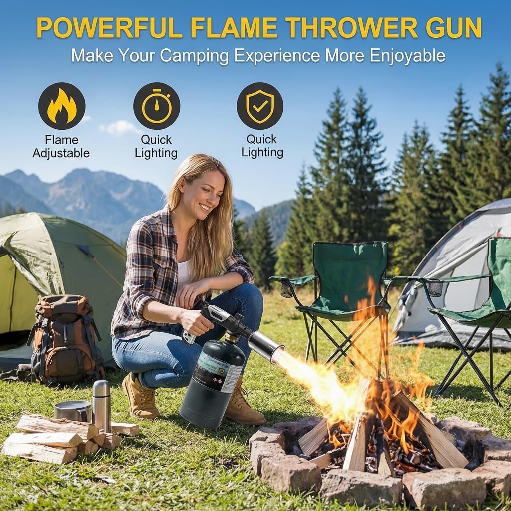 Portable Butane Propane Torch - Powerful Handheld Gas Blow Torch Burner Kit, Multi-Use for BBQ Grill Starter Camping Campfire Charcoal/Wood Burning Kitchen Cook(Includes 1 extension tube)