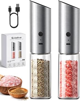 Gravity Electric Salt and Pepper Grinder Set, USB Rechargeable Stainless Steel Mills with Large Capacity Tall Glass, LED Light, Adjustable Coarseness, Ideal for Kitchen and Dining2PCS