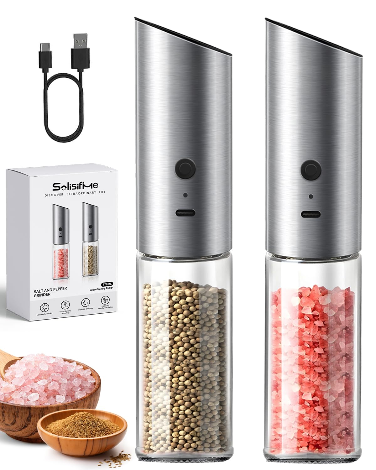 Gravity-Activated Electric Salt And Pepper Grinder Set, Standard Pack