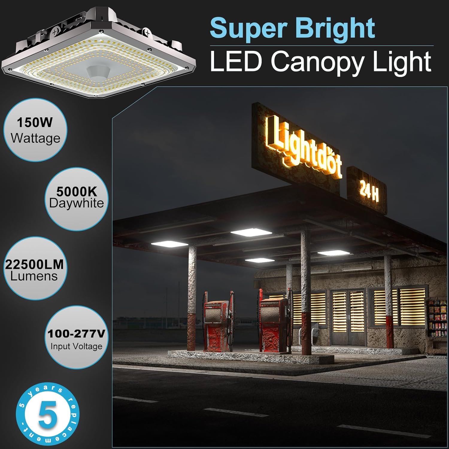 Lightdot 150W LED Canopy Celling Lights, Large Coverage 22500LM Canopy Light Outdoor LED for Garage Carport Entrance Porch Barn 5000K, 100-277V IP65 Waterproof, ETL Listed - 6Pack