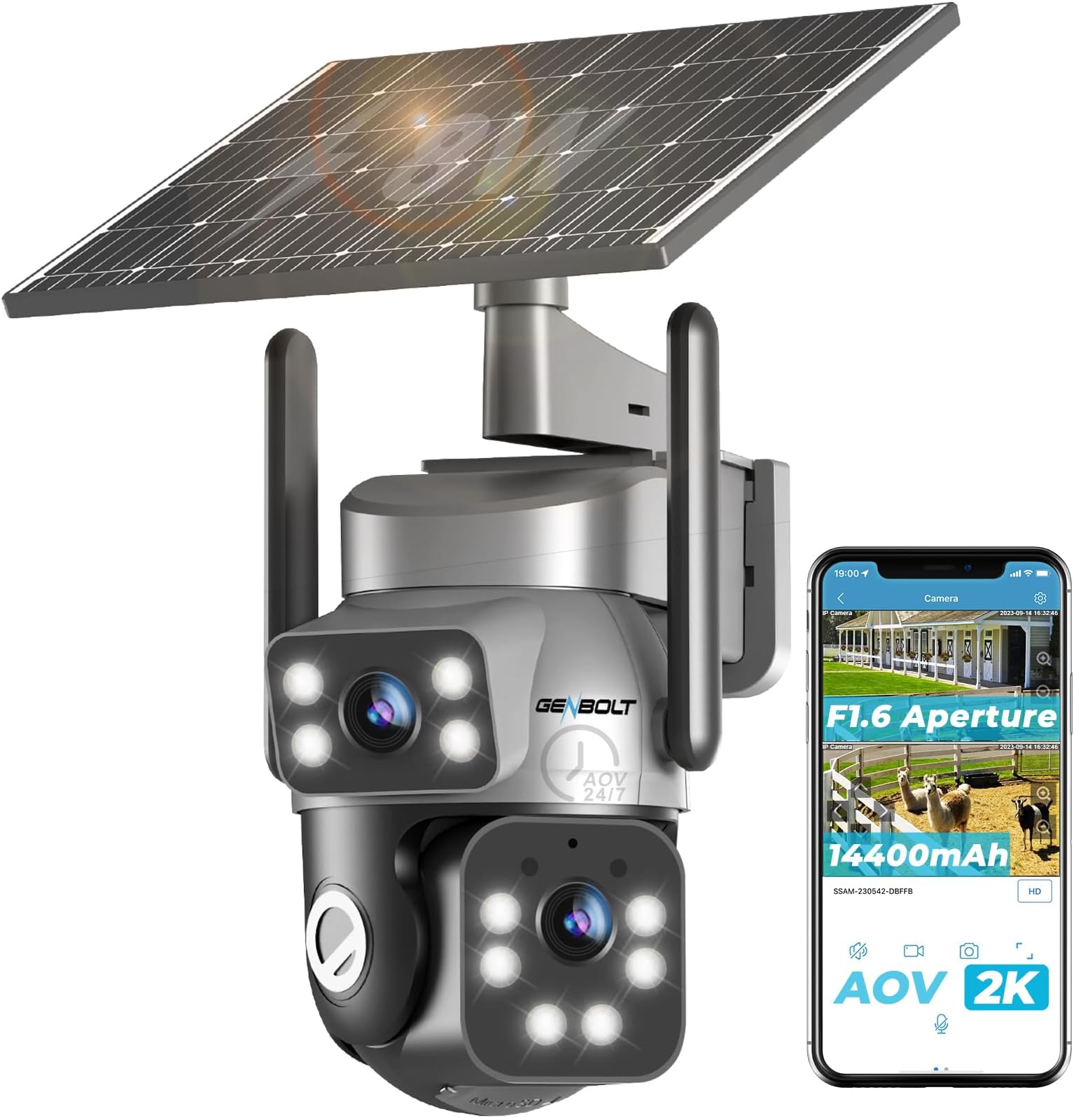 GENBOLT 4G LTE Solar Security Camera Outdoor Wireless No WiFi,24/7 Recording AOV, 8W 14400mAh Battery, 2K Surveillance Camera with Sim Card, 90FT AI Detection Human