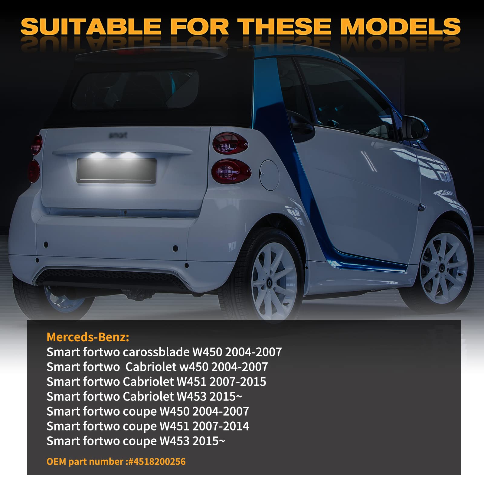 Luce Targa a LED per Merce-ds Benz Smart fortwo Cabriolet W450 W451 W453, Lampada Targa a LED, 2 Pezzi 18 * 2835 SMD Canbus