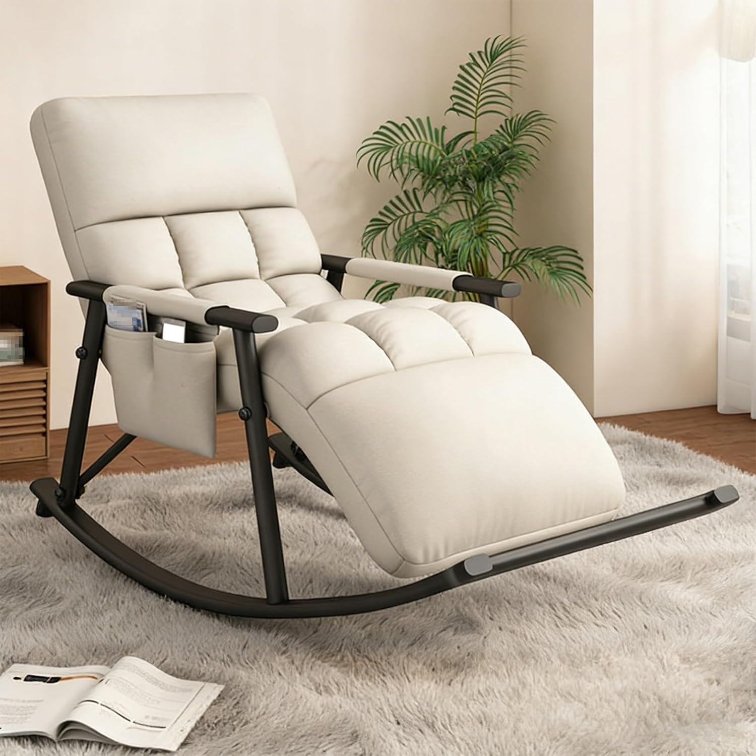 Nursery Rocking Chair with Adjustable Back and Footrest, Upholstered Reclining Rocker Chairs, Comfortable Armchair with Side Pockets, for Living Room, Bedroom(Beige+Black)