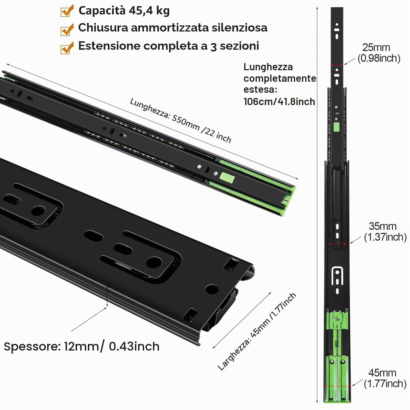 guide per cassetti 6 paia (12 pezzi), 55 cm Chiusura automatica morbida, guide per cassetti estrazione totale con guide con cuscinetti a sfera, guide cassetti 100 libbre di capacità