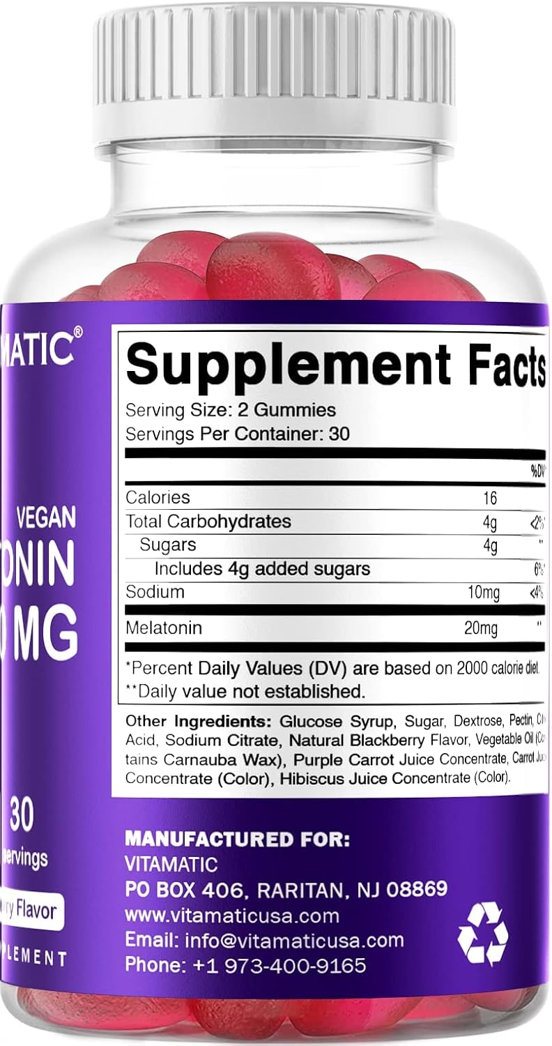 Vitamatic Melatonin 20mg Gummies for Adults, 30 Servings - 60 Vegetarian Gummies - Non-Habit Forming Supplement (60 Gummies (Pack of 1))