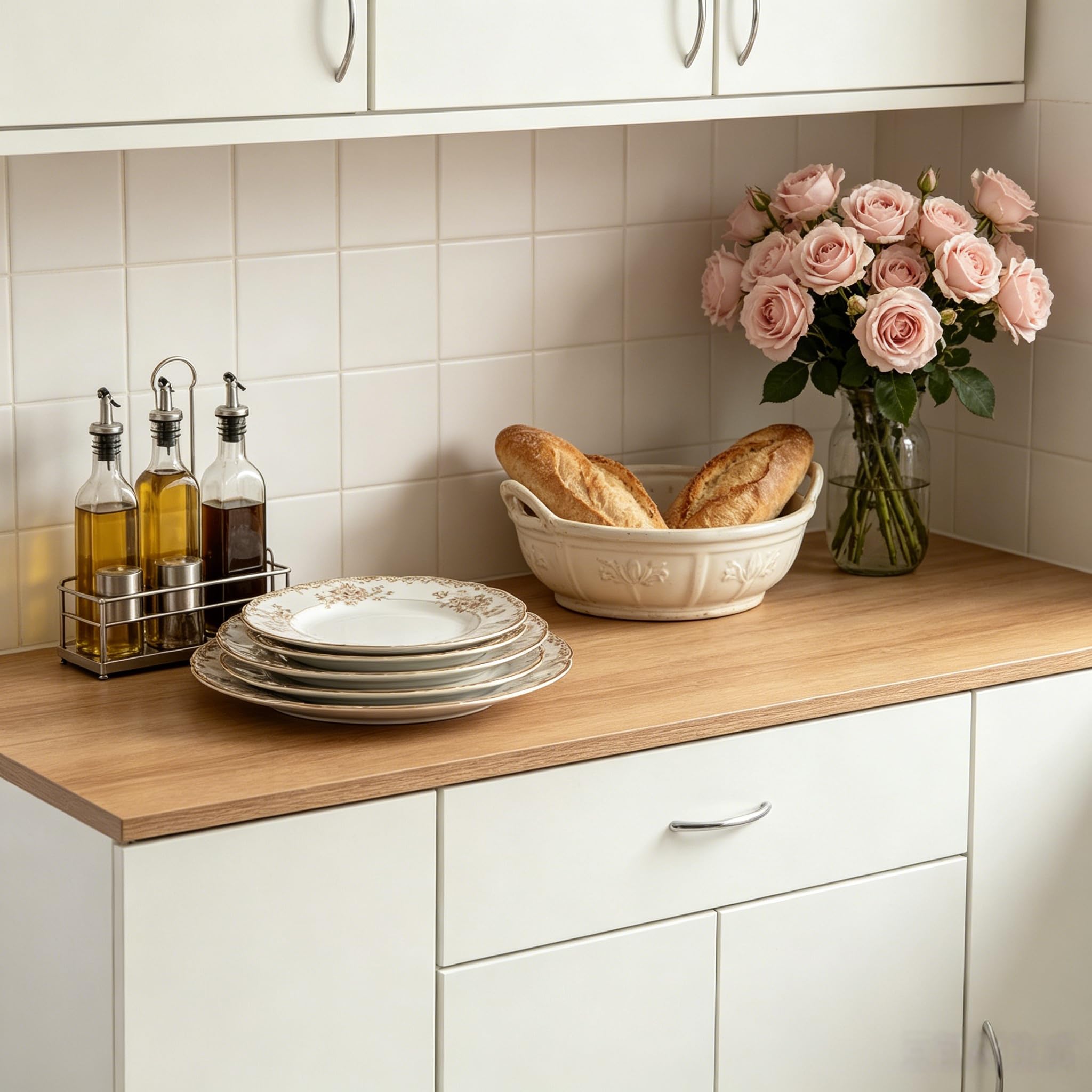 Buffet de Cuisine 110x30cm, Meuble de Rangement avec 4 Portes, 1 Tiroir, Étagères Réglables, Crédence Blanche avec Plateau en Chêne, pour Cuisine/Salle à Manger, 74cm de Haut
