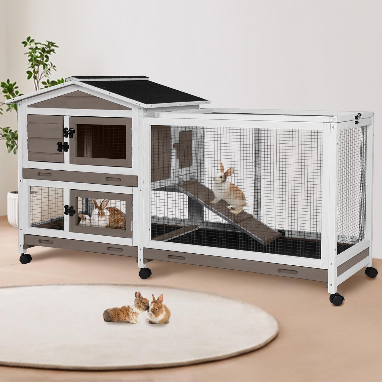 62" Rabbit Hutch with Chew-Proof Ramp & Waterproof Roof - Indoor/Outdoor Bunny Cage, 2-Story Design, 6 Lockable Caster Wheels & Dual Pull-Out Trays (Brown)