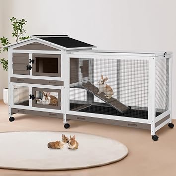 Suumerpety 62" Rabbit Hutch with Chew-Proof Ramp & Waterproof Roof - Indoor/Outdoor Bunny Cage, 2-Story Design, 6 Lockable Caster Wheels & Dual Pull-Out Trays Brown