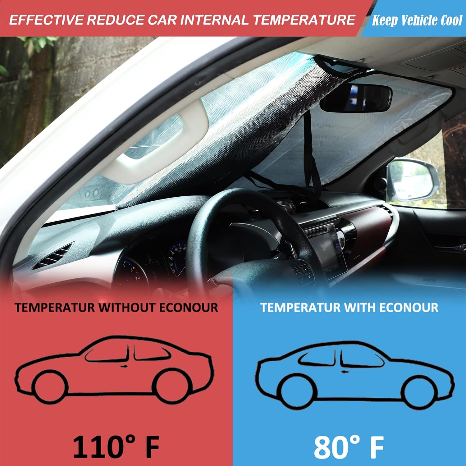 The Original Windshield Sun Shade Compatible with Toyota Hilux 2015 2016 2017 2018 2019 2020 2021 Car Windshield Reflective Sunshade Protector Sun Shade Accessories (Style B)