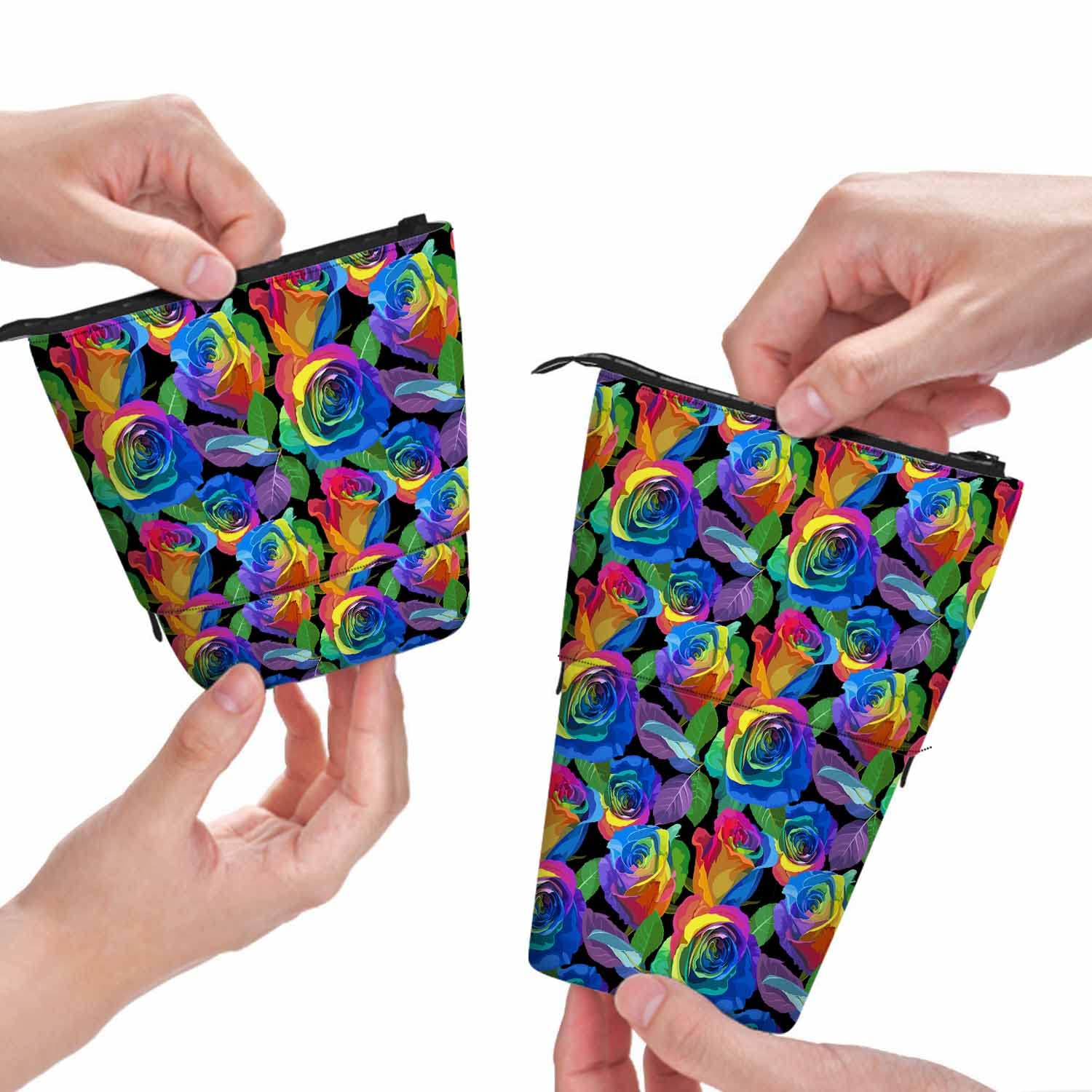 Swono Roses Pencil Case Multicolored Rainbow Standing Pencil Case Pencil Holder Pencil Pouch Cosmetics Pouch Makeup Office Bag Black