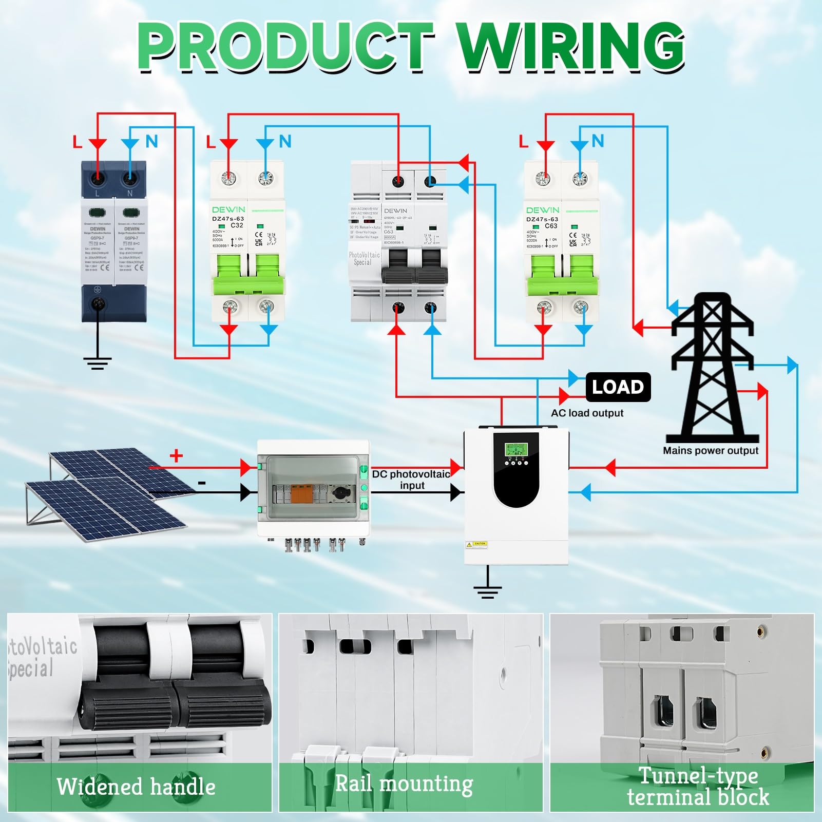 Jadeshay Interruttore Magnetotermico,63A 400V Interuptore con Riarmo Automatico Fotovoltaico con Protezione da sovratensione e sottotensione per Sistema Solare PV(2P 63A)