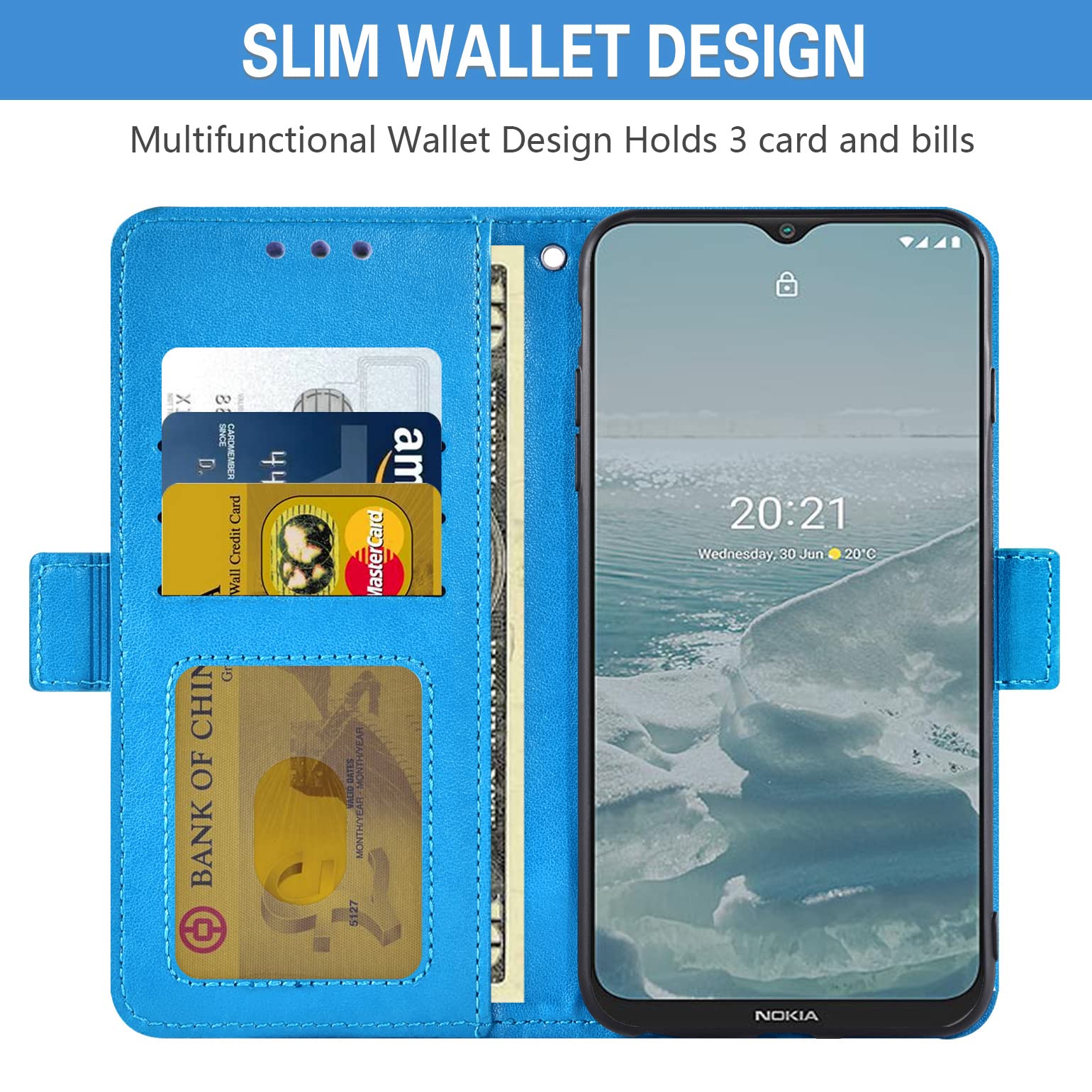 Asuwish Compatible with Nokia G10/G20/6.3 Wallet Case Tempered Glass Screen Protector Credit Card Holder Flip Wrist Strap Cell Phone Cover for NokiaG10 NokiaG20 Android 11 TA-1334 Men Blue
