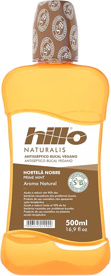 Enxaguante Bucal Hortelã Nobre Vegano Antisséptico 500ml Hillo, Livre de Ingredientes de Origem Animal, Sem Álcool e Sem Flúor