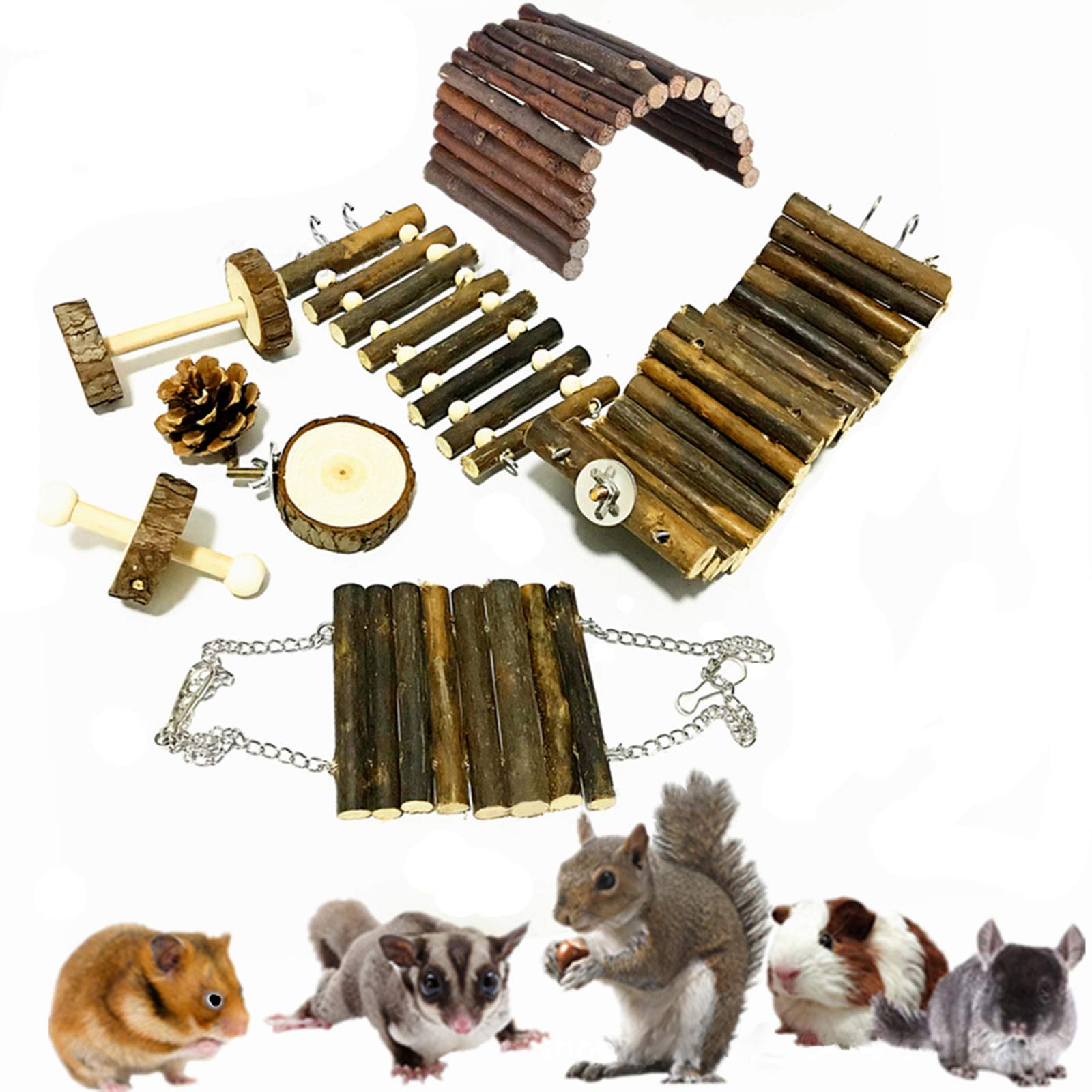 Jouet de Hamster, 8 Pièces Bois Naturel Jouets de Mâcher, Bâtons de Pomme, Pommes de pin, balançoire Suspendue pour Furets, Cobayes, Oiseau, Petit Écureuil, Chinchilla, Souri, Rongeur
