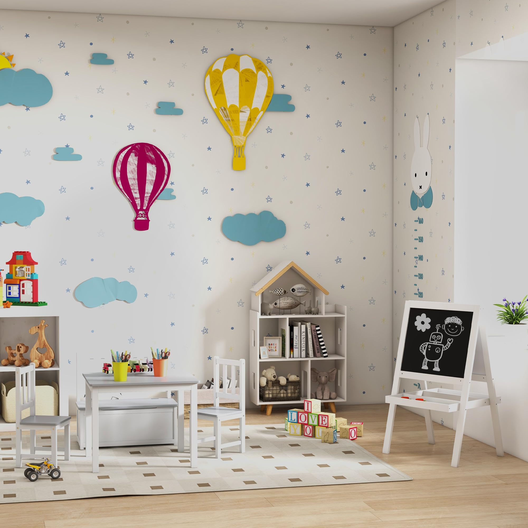 ZONEKIZ Étagère de Rangement pour Jouet Enfant et Livres Meuble de Rangement Forme de Maison - 3 Niveaux avec étagères - Bois Massif - 65 x 25 x 108,5 cm - Blanc et Naturel