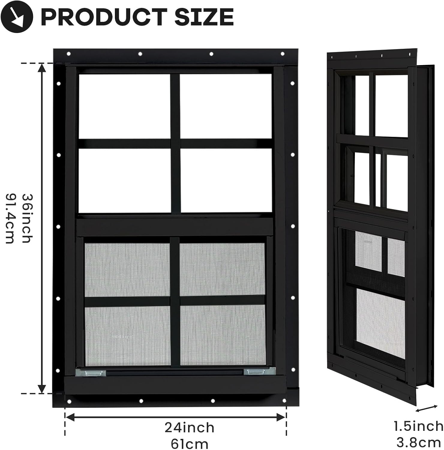 Shed Windows 2 Pack, Chicken Coop Windows 24" x 36" with Tempered Glass and Fiberglass Screen, Flush Mounted Small Window for Shed, Barns, Playhouse, Household, Garage (Black)