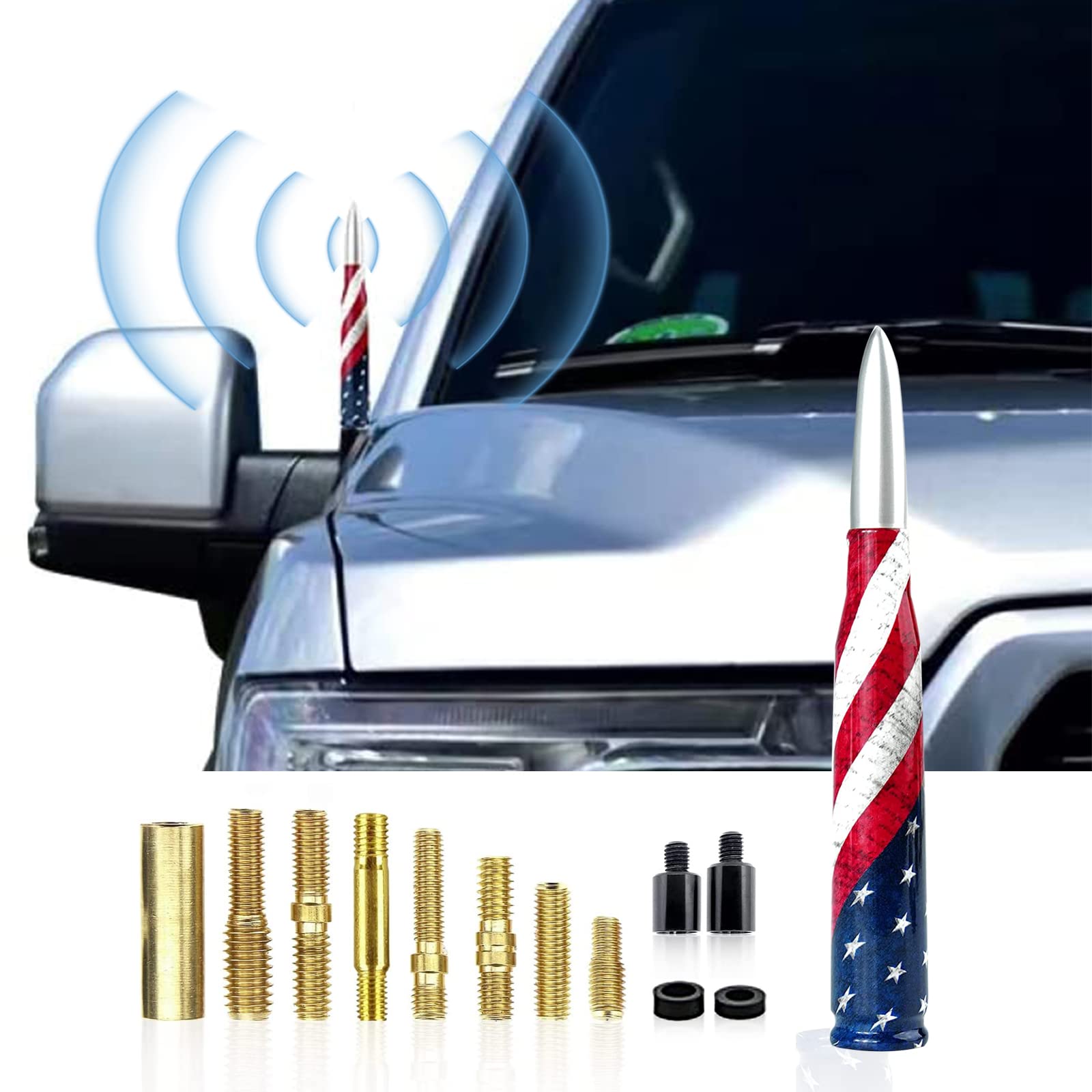 TimNas 1 PC Car Truck Bullet Antenna with Valve Stem Caps, American Flag Print Design Replacement for Ford F150, Dodge, Chevrolet, GMC, Jeep, Heavy Duty Pickup Trucks Accessories (Silver)