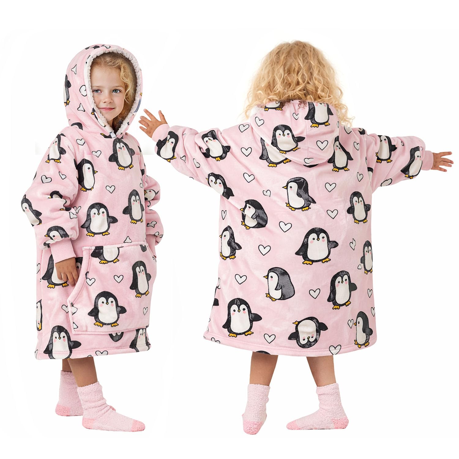 Snuggz Penguin Print Hooded Blanket Medium (6-8 Years) - Soft Double Layer Oversized Fleece Hoodie, Hoodie Blanket with Large Front Pocket - Colourful Penguin Print Oversized Hoodie
