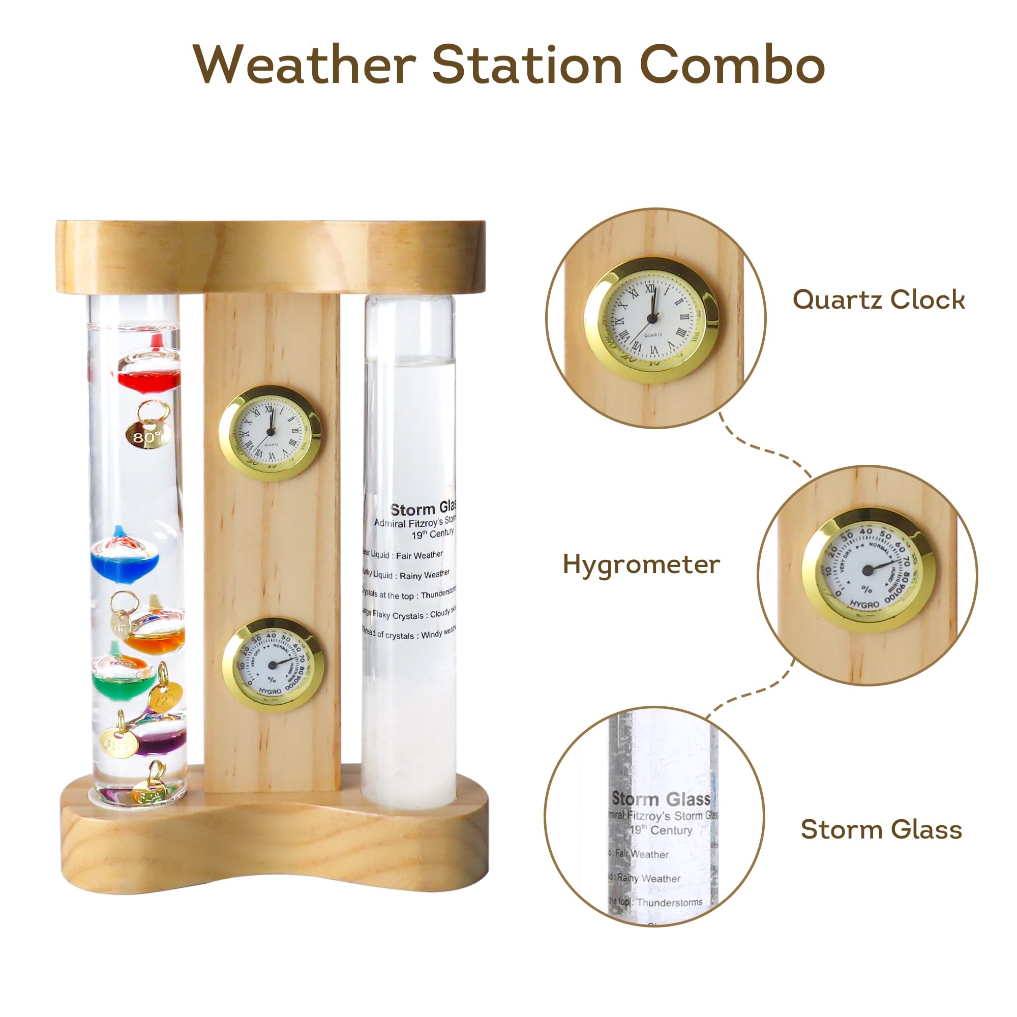 Lily's Home Stazione meteo analogica con termometro Galileo, vetro temporale, orologio al quarzo e igrometro, telaio in vetro e legno, termometro Galileo per interni ed esterni decorazione per la casa