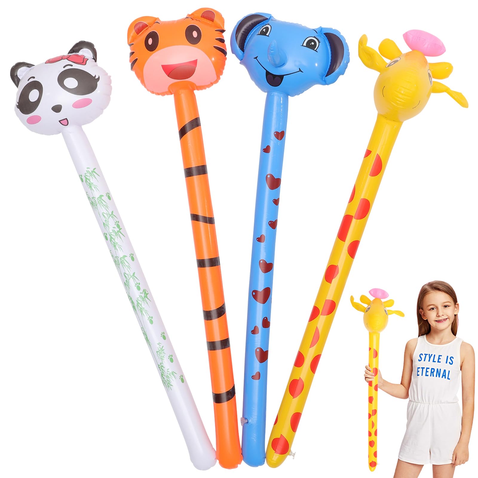 Alipis Inflatable Animals Stick Jungle Inflatable Toys Giraffe Tiger Panda Elephant Stick Inflatable Hammer Pool Float Toy For Birthday Party Supplies 4Pcs