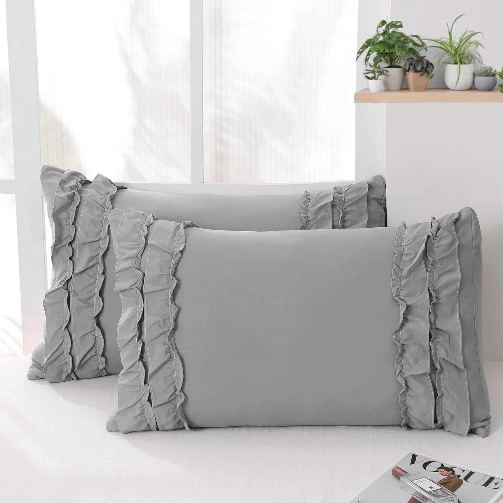 Herside Grey King Size Pillowcases Set of 2,Chic Ruffle Pillow Shams,20x36 inches Gray Pillow Covers,French Country Vintage Ruffled Pillowcases 2 Pack