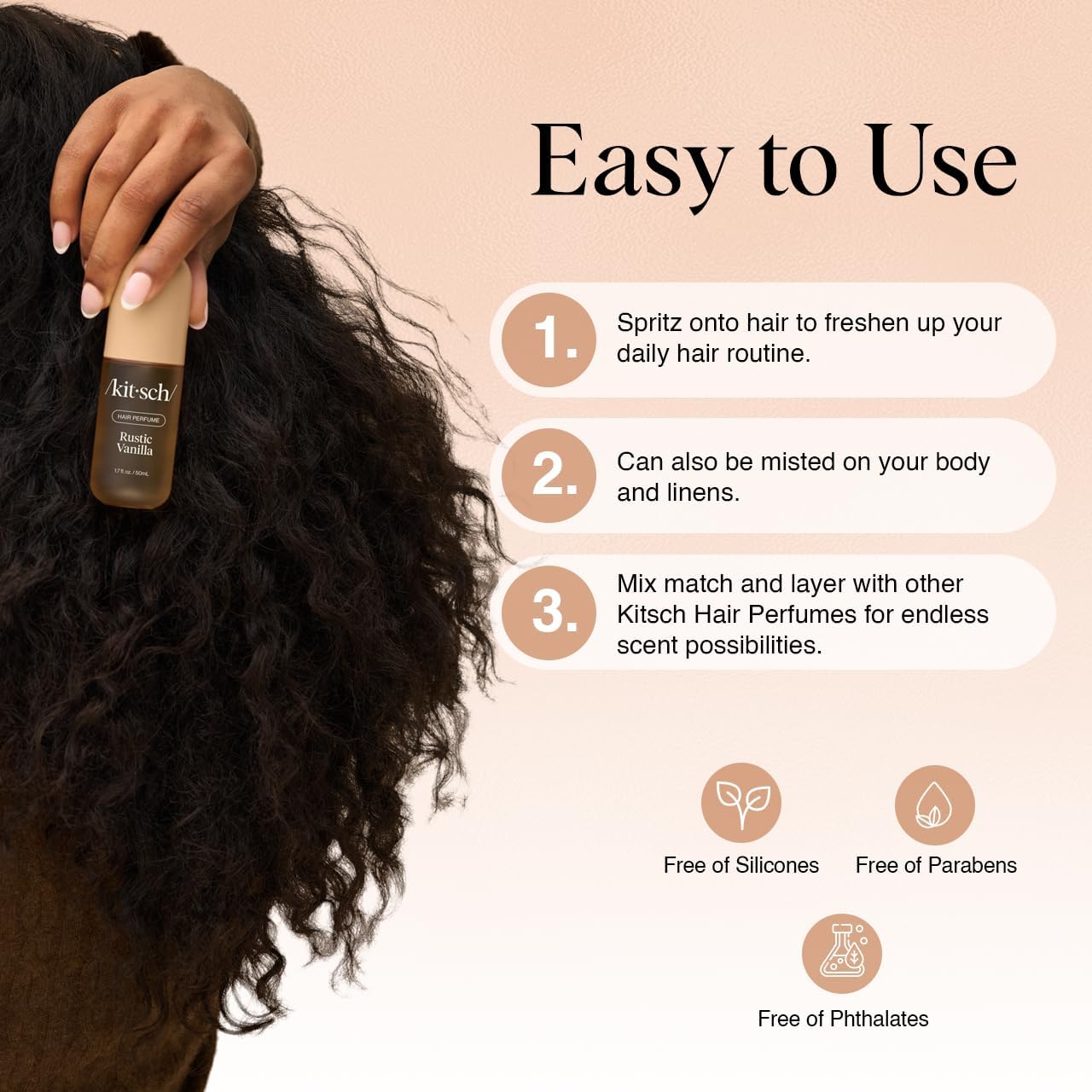 Kitsch Hair Perfume for Women - Rustic Vanilla | Clean, Deodorizing & Patented Odor-Eliminating Technology Hair Spray & Body Mist - Freshen Hair, Pillows - Warm Tonka, Vanilla & Cedar Blend - 50 mL - Image 4