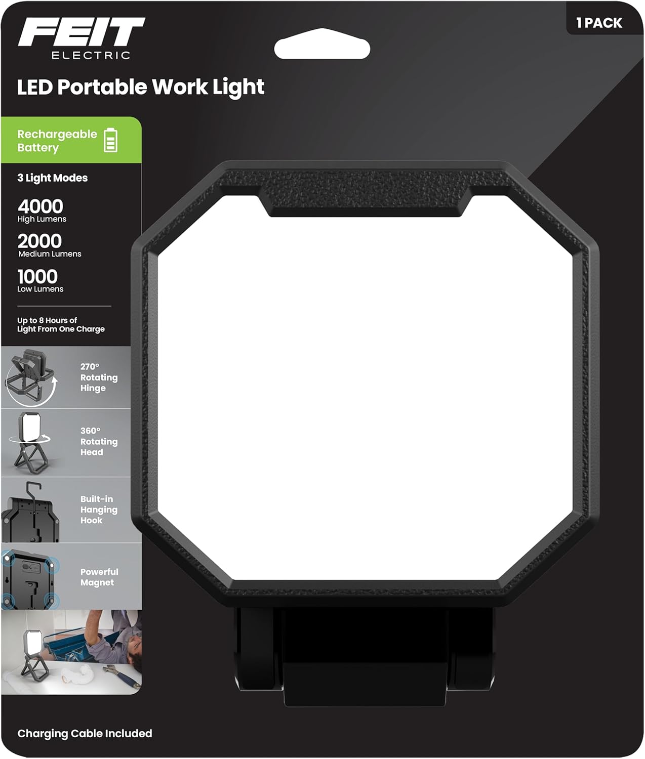 Feit Electric Portable LED Work Light, 360° Rotating Head, 3 Light Modes, 4000/2000/1000 Lumens, Adjustable Working Light for Workshop Garage, 25,000-Hour Lifetime, WORK4000/FOLD/BAT
