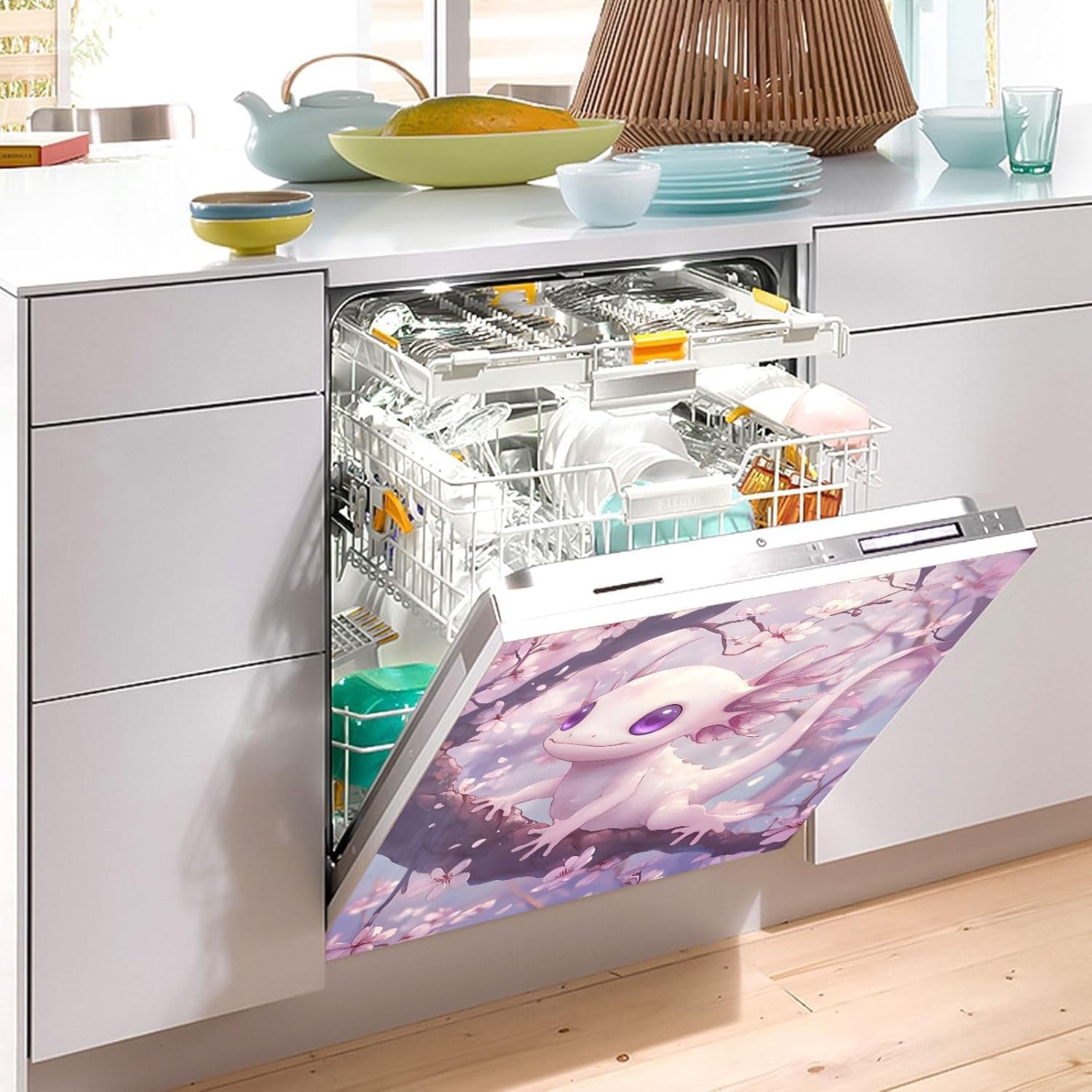 Dishwasher Magnet Cover Large Magnetic Stickers Pink Axolotl Front Dishwasher Cover Reusable Decal for Home Kitchen Refrigerator Decorative Lid Washing Machine Laundry