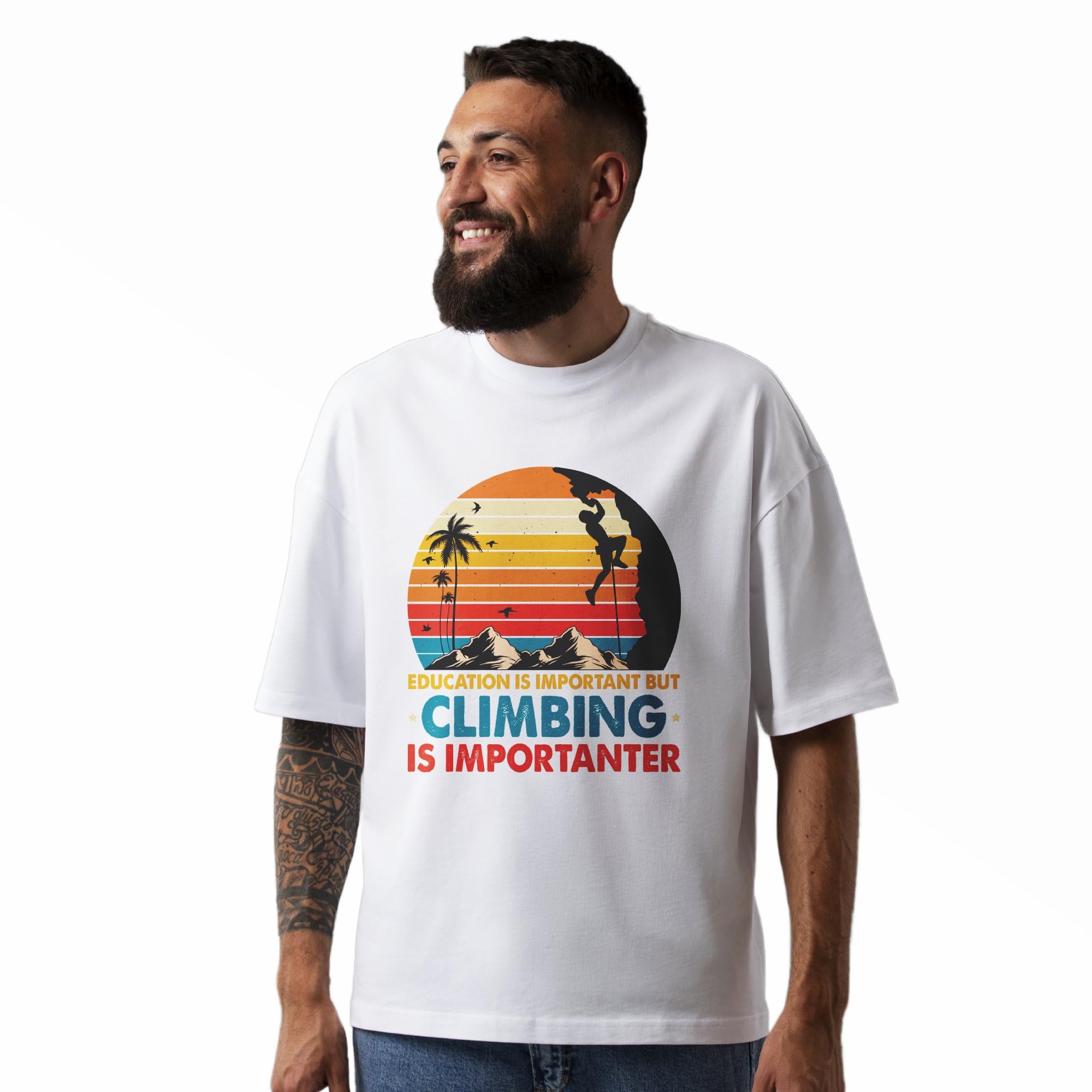 Seek Buy LoveUnisex Oversized T-Shirt Climbing Graphic, Retro Sunset Rock Climbing Tee, Funny Climber Gift, Casual Outdoor Apparel, Soft Cotton Top
