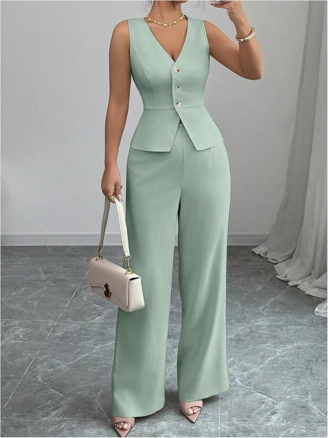 SOLY HUX Women's 2 Piece Business Casual Outfits Button Up V Neck Suit Vest and Pants Set - Image 5