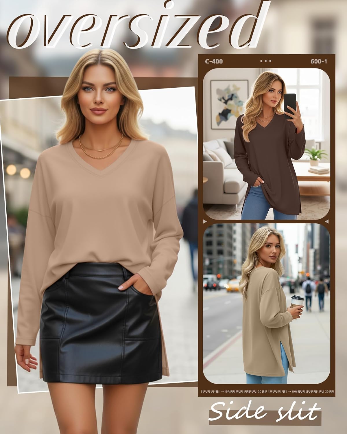 Huukeay 3 Pack Womens Oversized Long Sleeve T Shirts V Neck Knit Casual Workout Tunic Tops Side Split Loose Basic Tees(Dark Brown, Coffee, Gray Khaki,X-Large) - Image 4