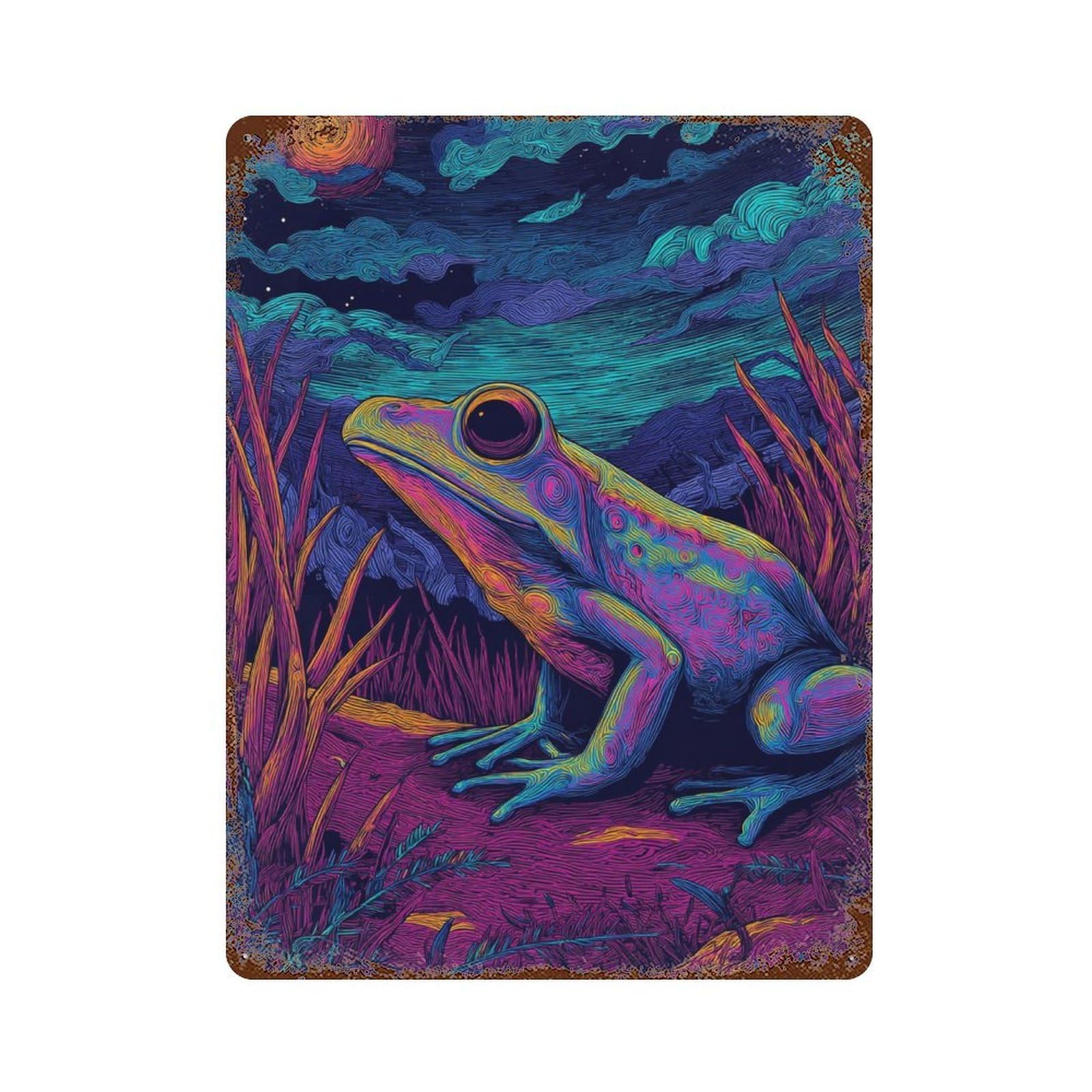 Rust Effect Neon Frog in Night Scene Rusty Metal Tin Sign 15.7"x11.8", Shabby Chic Decor for Garage, Bar And Workshop Decor