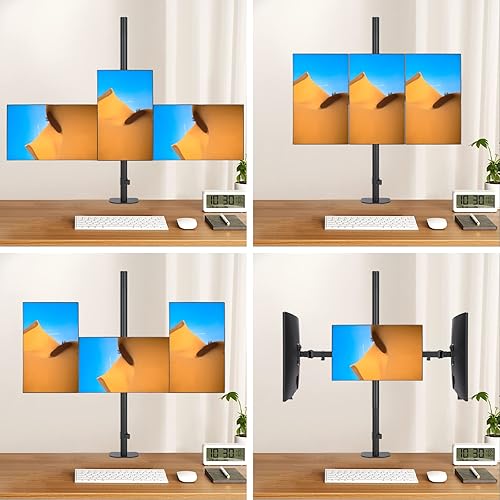 Miniatura 4 de Pholiten Soporte de monitor triple, soporte de escritorio para monitor LCD de 13 a 27 pulgadas, poste extra alto de 31.5 pulgadas, soporte