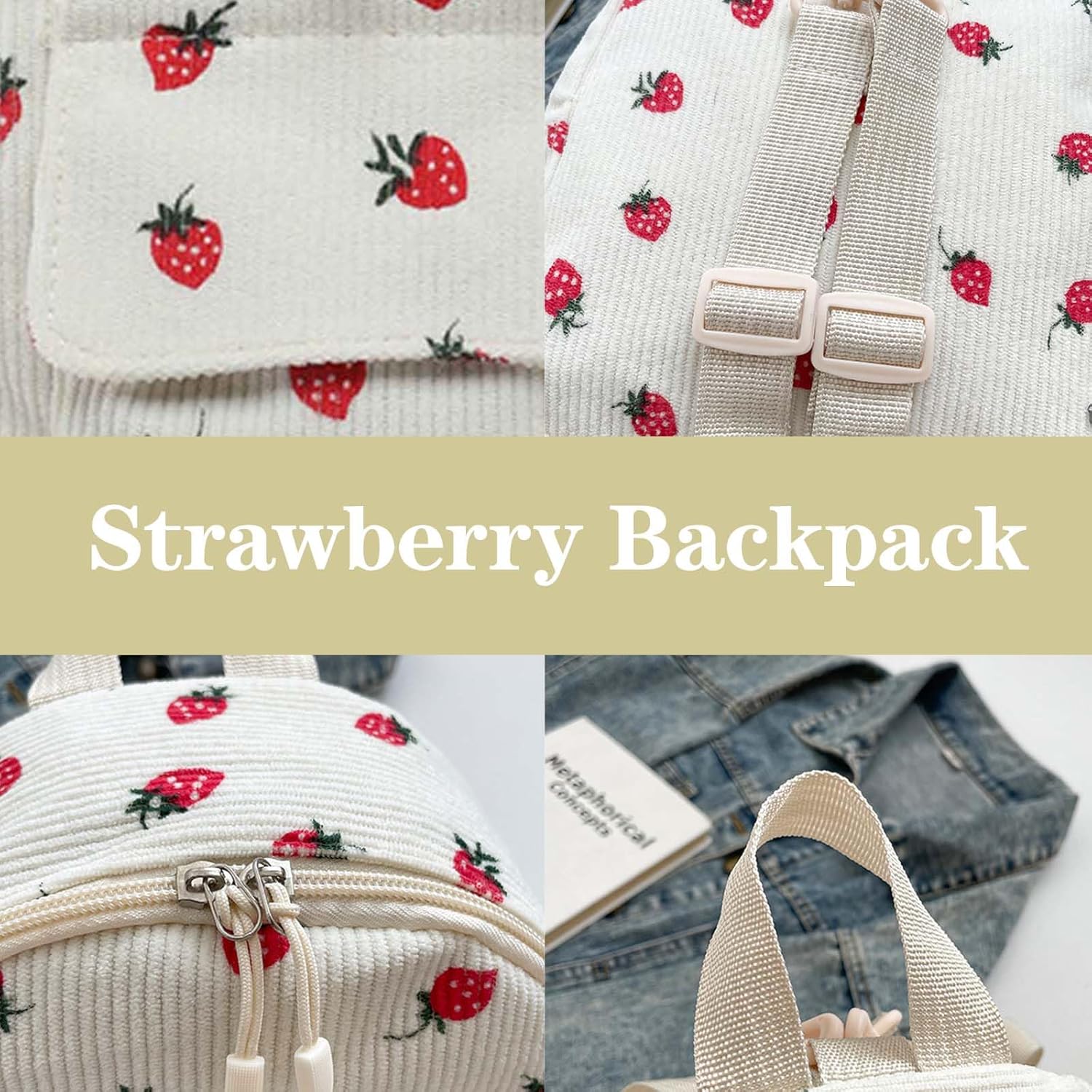 Corduroy Mini Backpack Strawberry Backpacks for Womens Girls, Small Backpack Cute Backpacks Purse with 2 Pocket (Strawberry, Pink) - Image 4