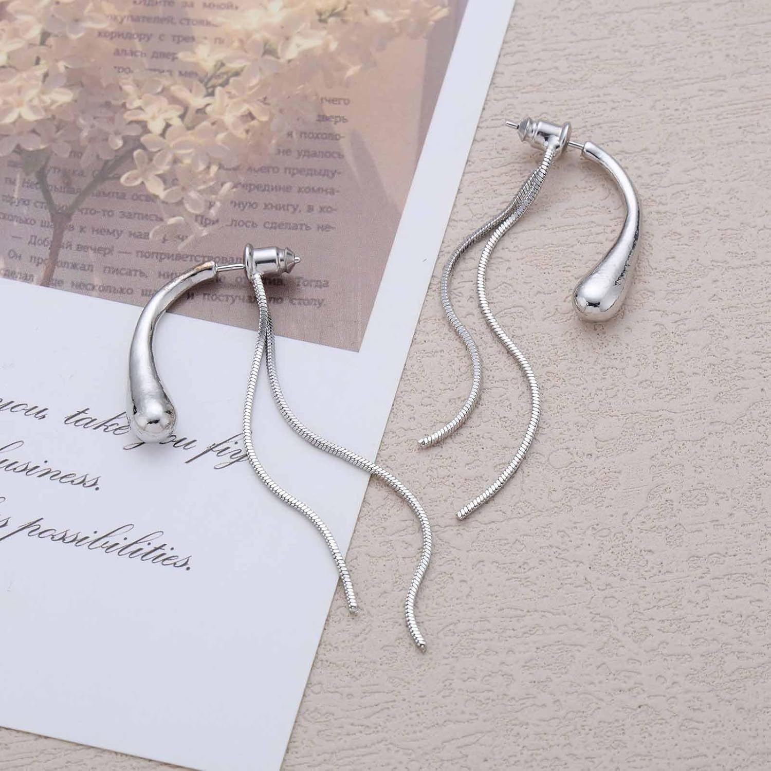 Vintage Silver Teardrop Earrings Waterdrop Stud Earring Snake Chain Tassel Earrings Long Snake Chain Earring Minimal Raindrop Jewelry for Women - Image 7