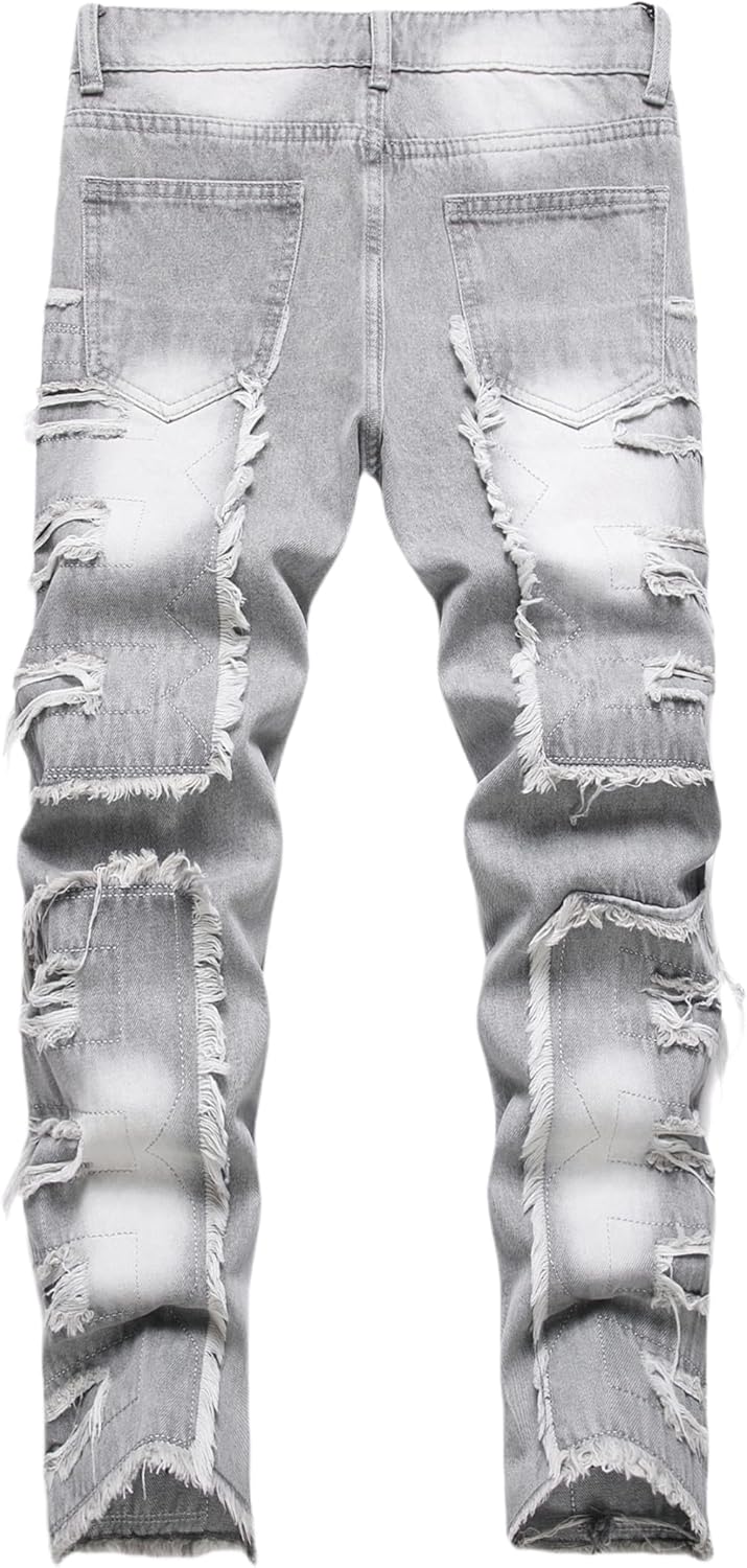 Boy's Stacked Jeans Skinny Fit Ripped Destroyed Distressed Fashion Comfy Denim Jeans Pants - Image 3