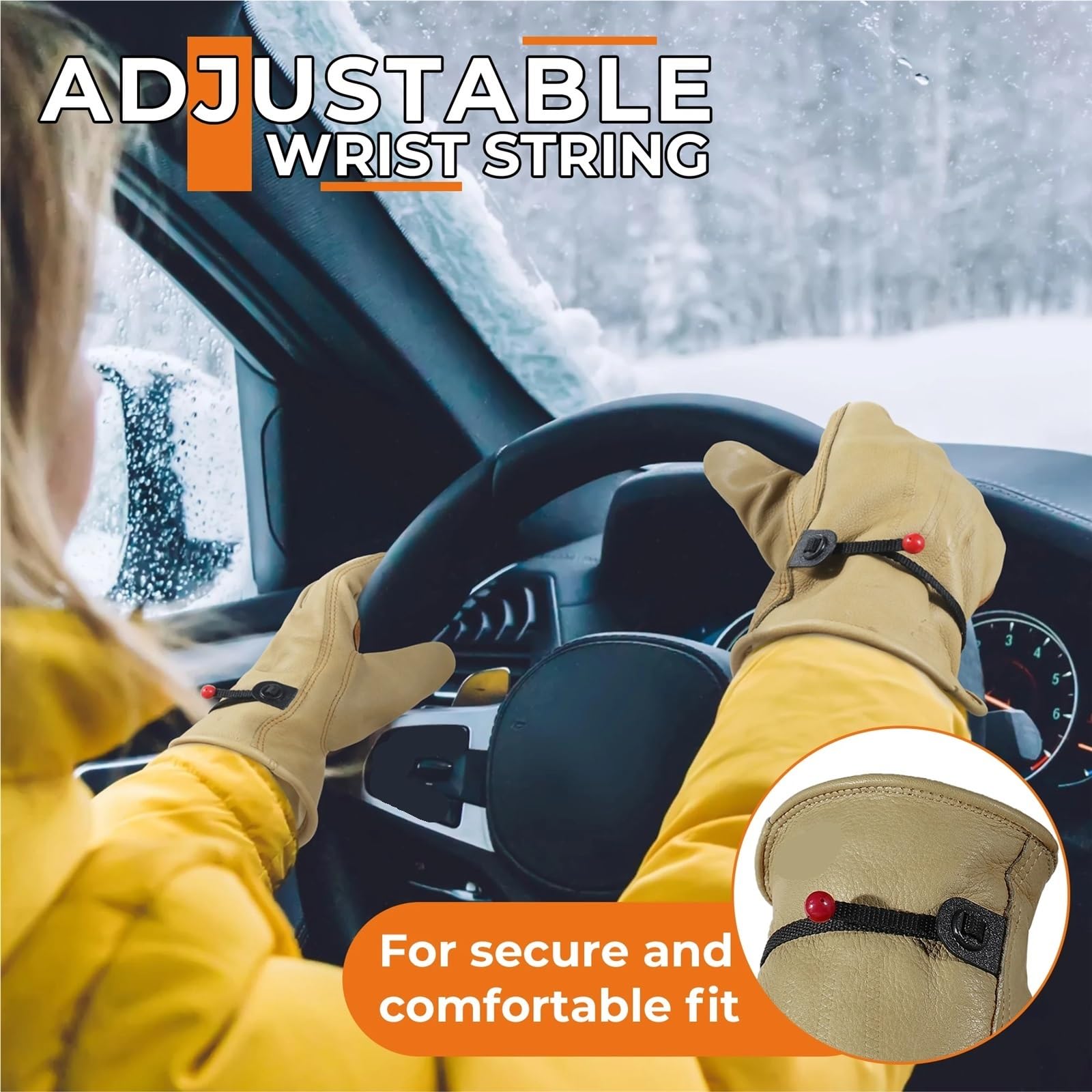 Guantes de invierno Tiras ajustables cuero Conductor trabajo con forro cálido al aire libre para Obra Montaje Mecánicos(XXL)
