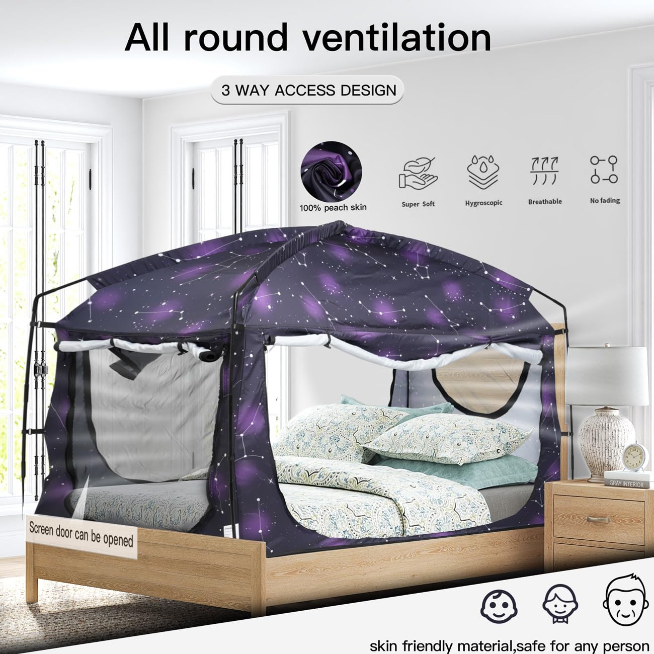 Tente de lit, auvent de lit portable, occultant, 90 % rideaux pour enfants et adultes, tente intérieure avec grandes fenêtres en maille respirante