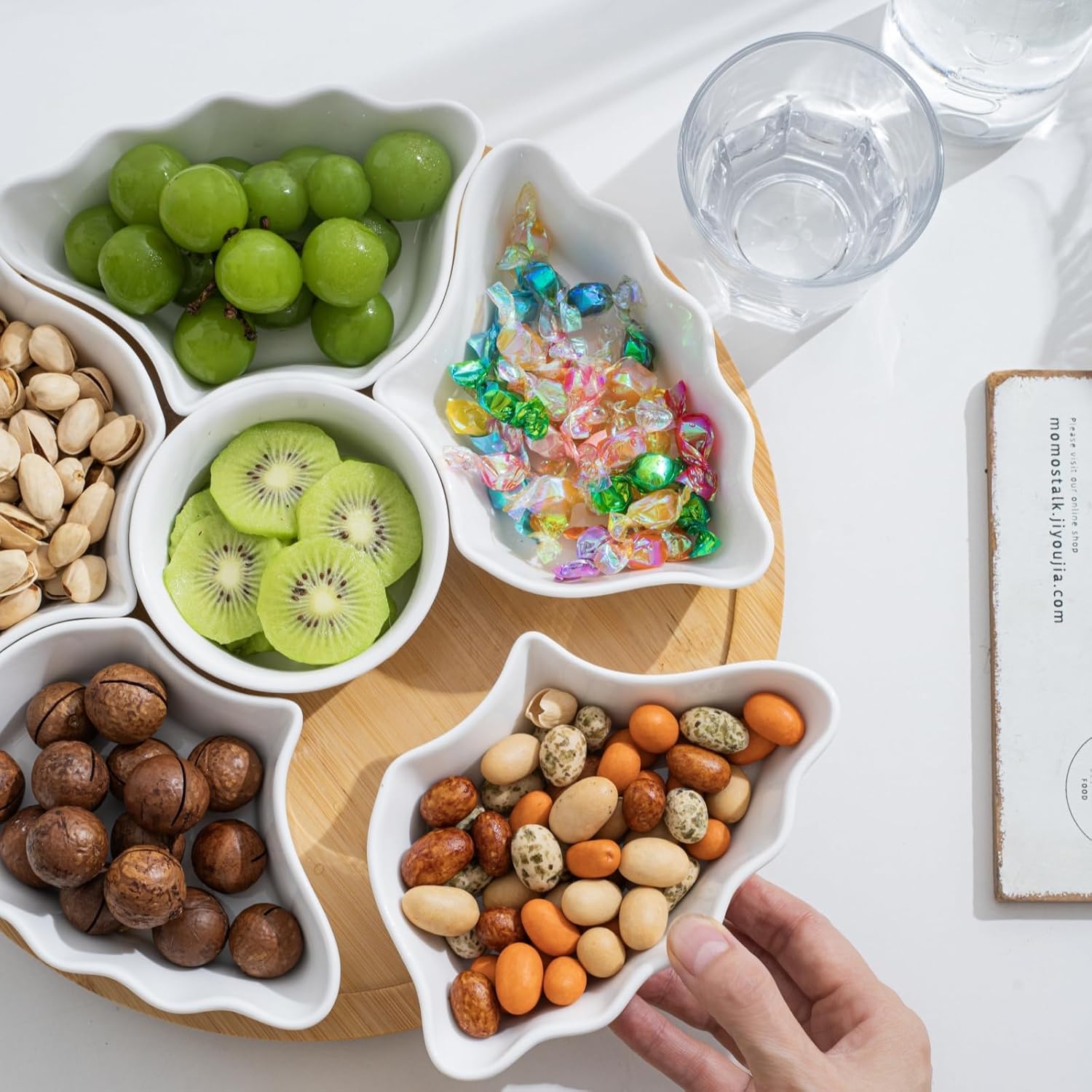 Rotatable Lazy Susan Party Serving Tray, 12 Inch Ceramic Divided Serving Bowls with Silent Rotating Tray, Removable Sectional Dish with Bamboo Platter for Fruit Veggies, Chips, Snacks, Candy, Nuts