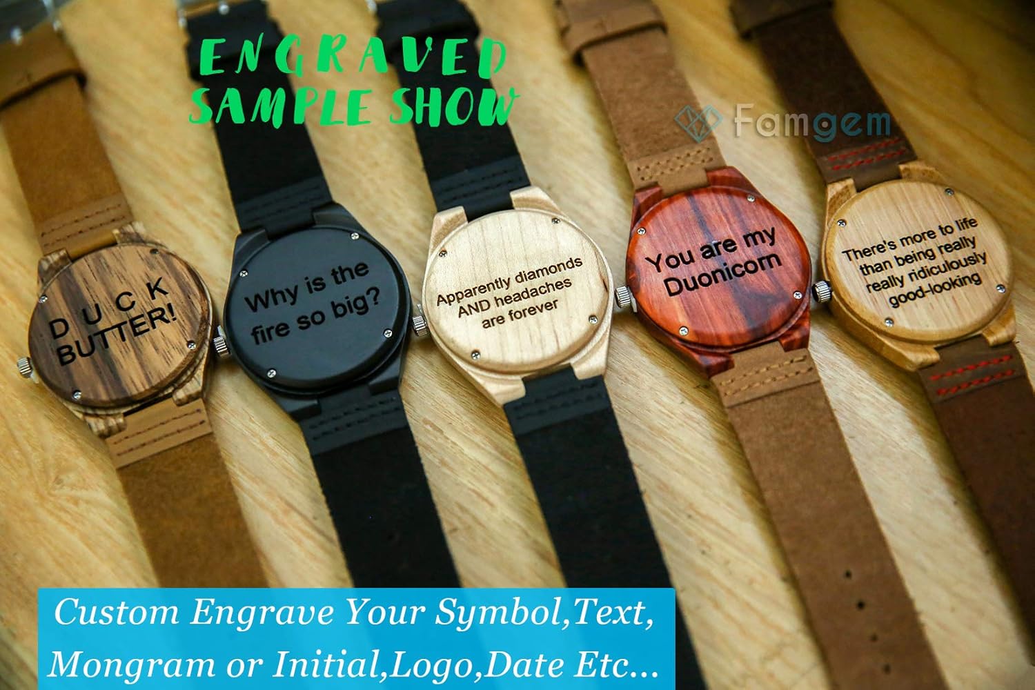 Vista 7 de Famgem - Reloj de pulsera para hombre con grabado de madera, correa de cuero personalizada, correa de cuero