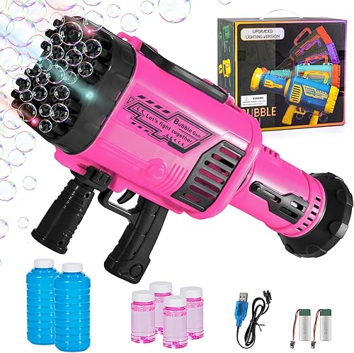 Pistola de burbujas para niños - Pistola de burbujas grande de 64 agujeros tiene luz colorida - Dos baterías recargables - seis burbujas de agua,