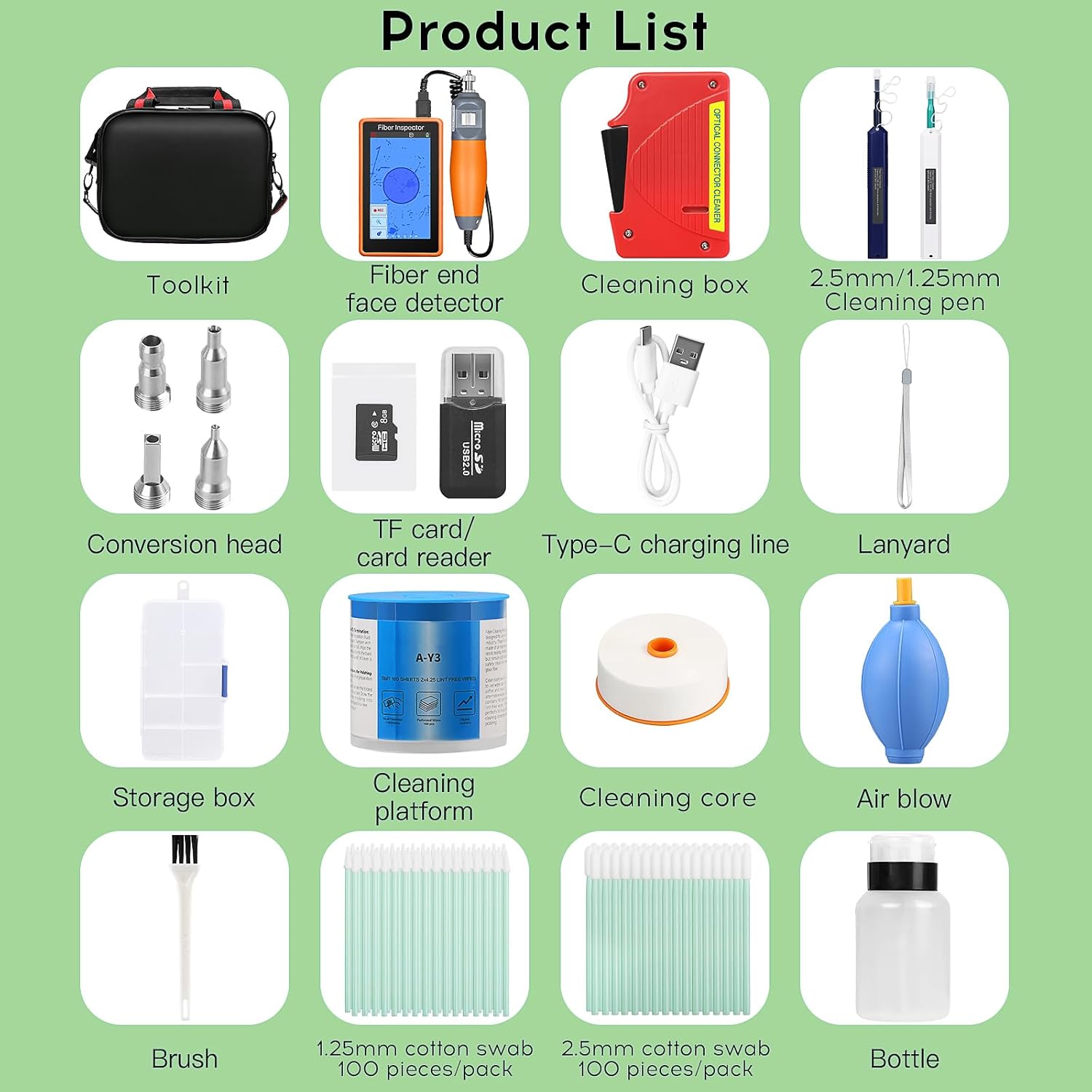 14 in 1 Fiber Cleaning kit Fiber Optic Inspector Video Probe 400x Fiber Microscope for SCUPC FCUPC STUPC LCUPC Interface MPO/SC/LC Fiber Optic Cleaning Pen/Box dust-Free Paper FTTH Tool kit