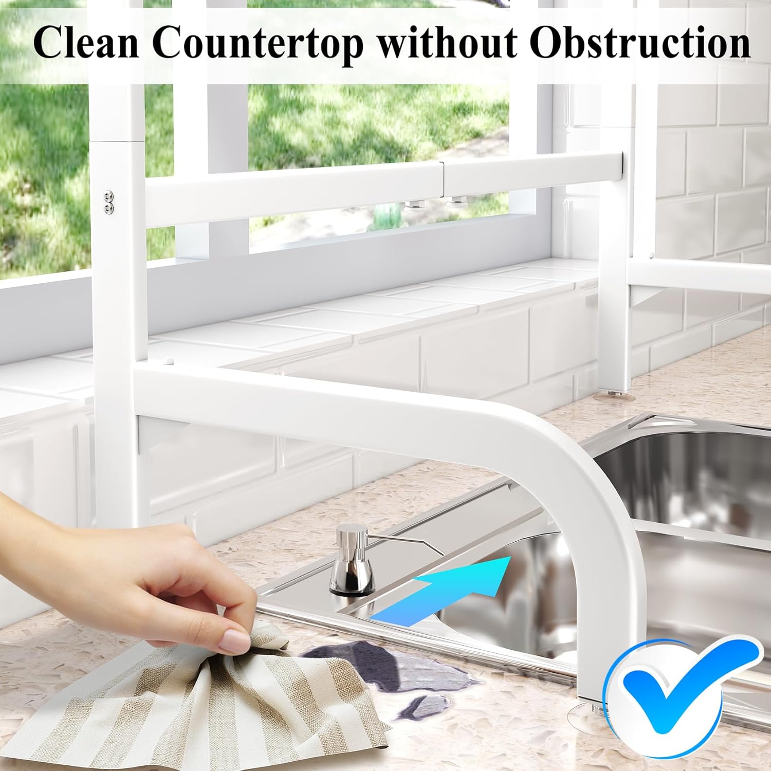 Over The Sink Dish Drying Rack, Adjustable (25.5 to 36.5 inch) 2 Tier Metal Steel Dish Drying Racks for Kitchen Counter with Hooks Paper Towel Utensil Cup Holder Sink Caddy (White)