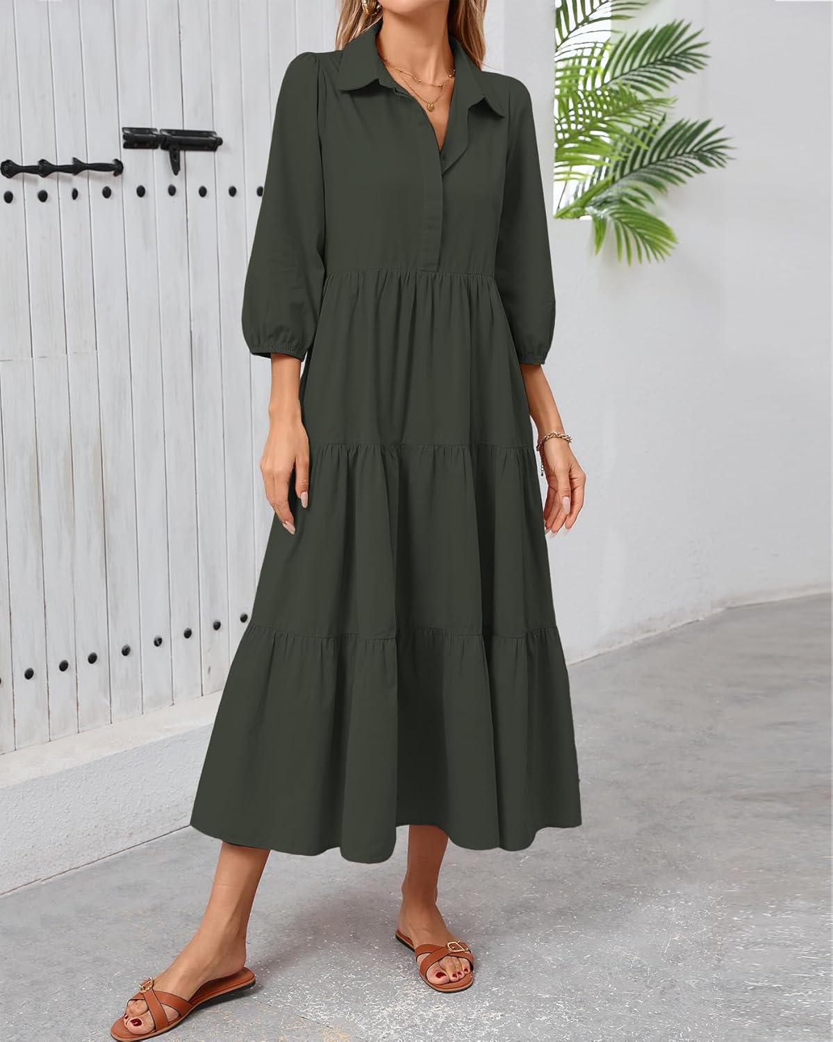 Women Button Down Maxi Shirt Dress Long Sleeve Flowy Tiered Collared Dresses with Pockets