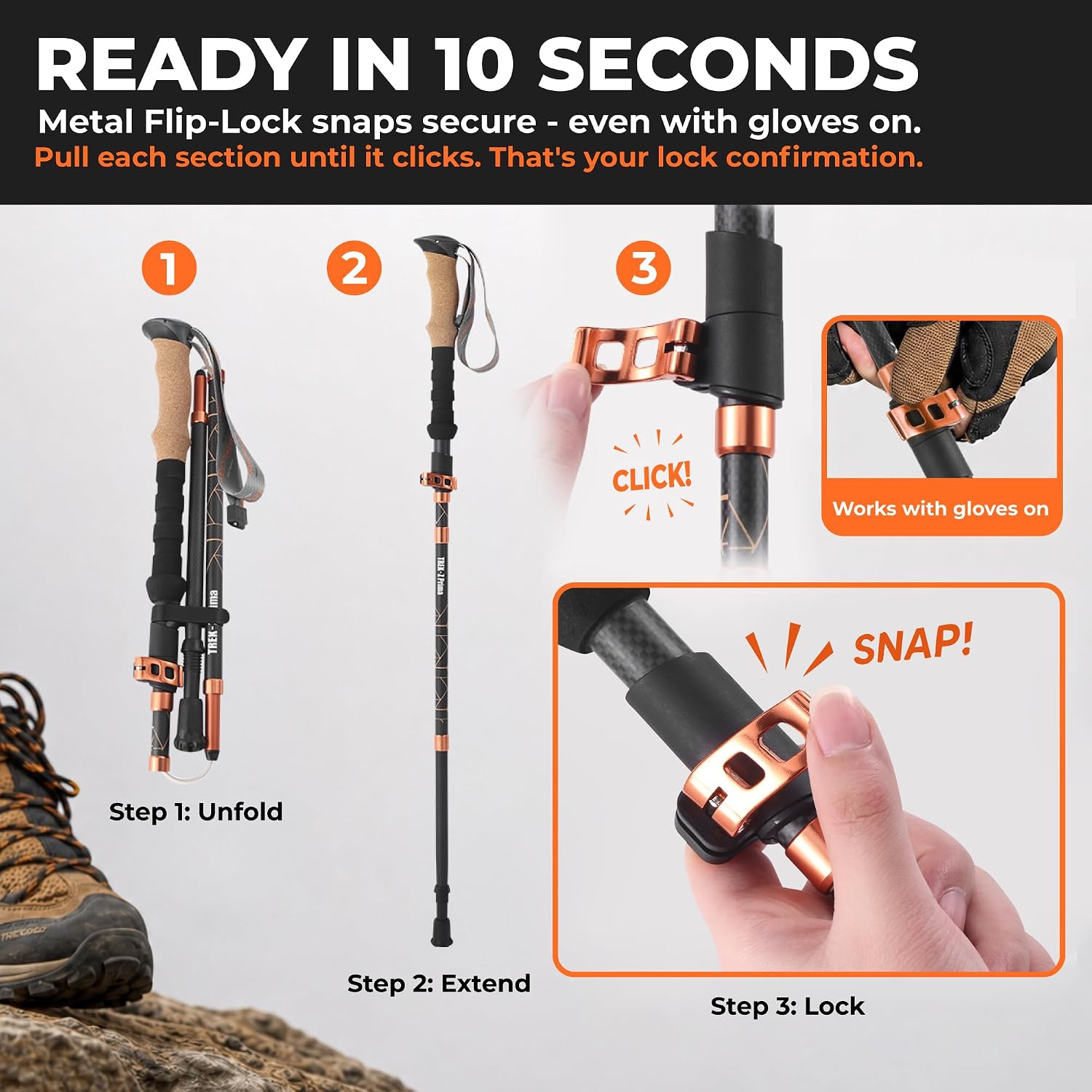 Trekology Trek-Z Prima 3K Carbon Fiber Trekking Hiking Poles Pair