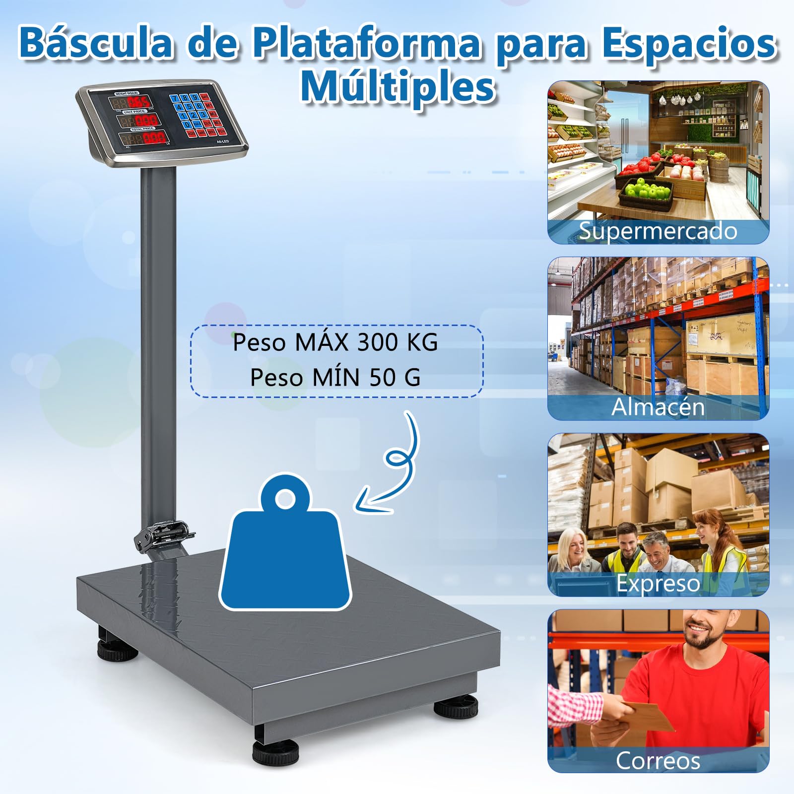 COSTWAY Báscula Digital Informática de 300 kg, Báscula de Plataforma de Suelo Multifuncional con Calculadora de Precio, Pantalla LED Transparente, Fuente de Alimentación Ac/Dc (Plata)