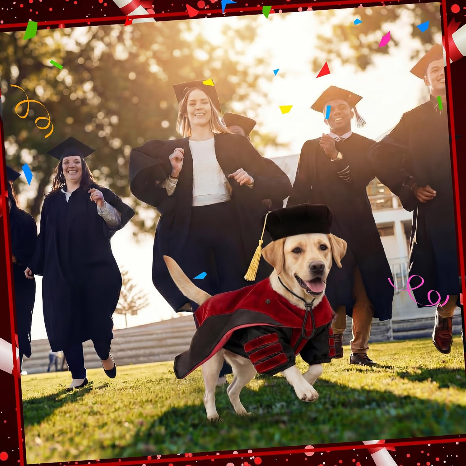 Huhumy 3 Pcs Dog Cat Graduation Doctoral Costume Set, 2026 Pet Phd Graduation Cap and Deluxe Doctoral Gown with Hood Side Tam Puppy Kitty Dogs Grad Holiday Party Costume Accessory(Red,XL)
