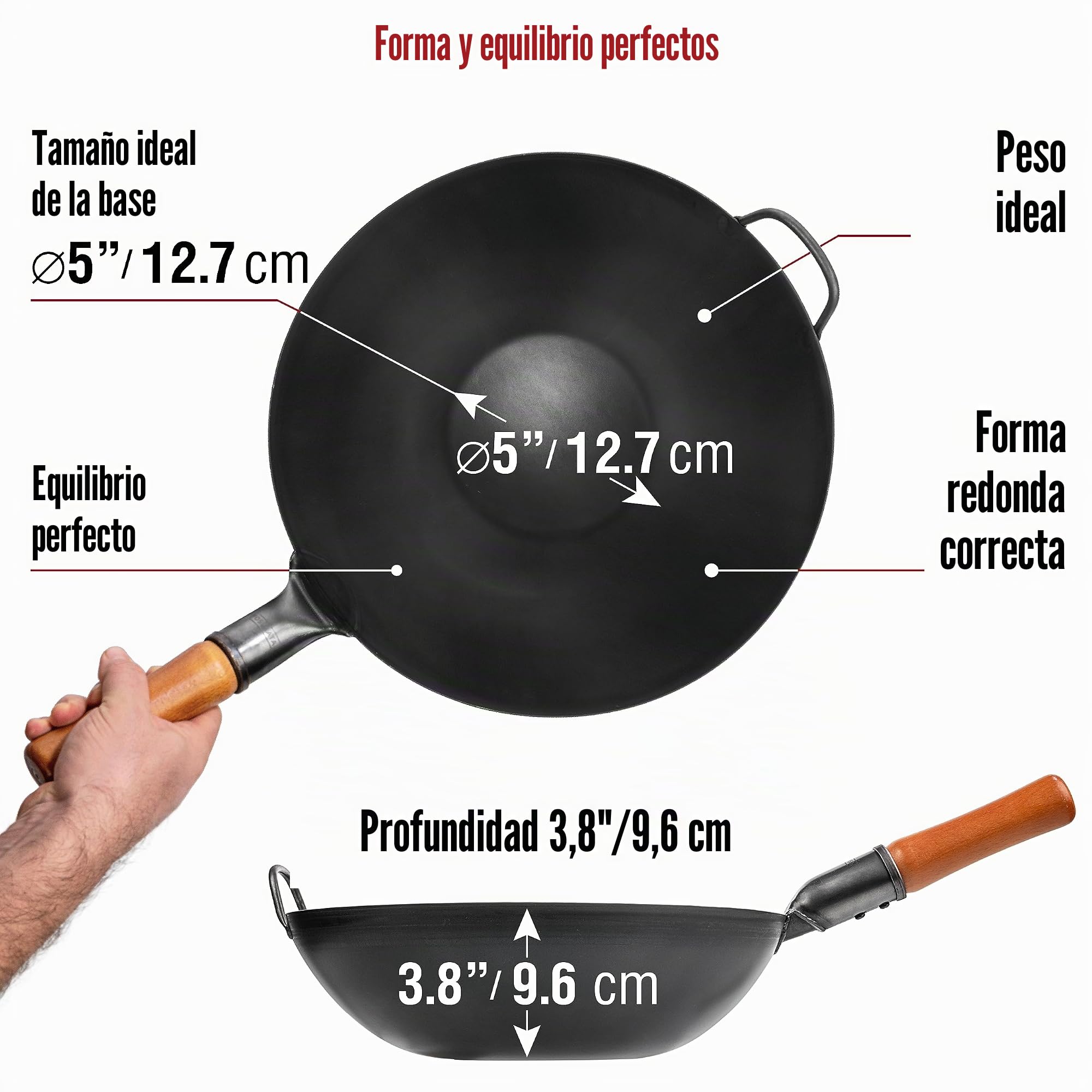 YOSUKATA Sartén Wok de Acero al Carbono 34 cm – Pre-sazonado de Fondo Plano + Espátula y Cucharón para Wok 43 cm