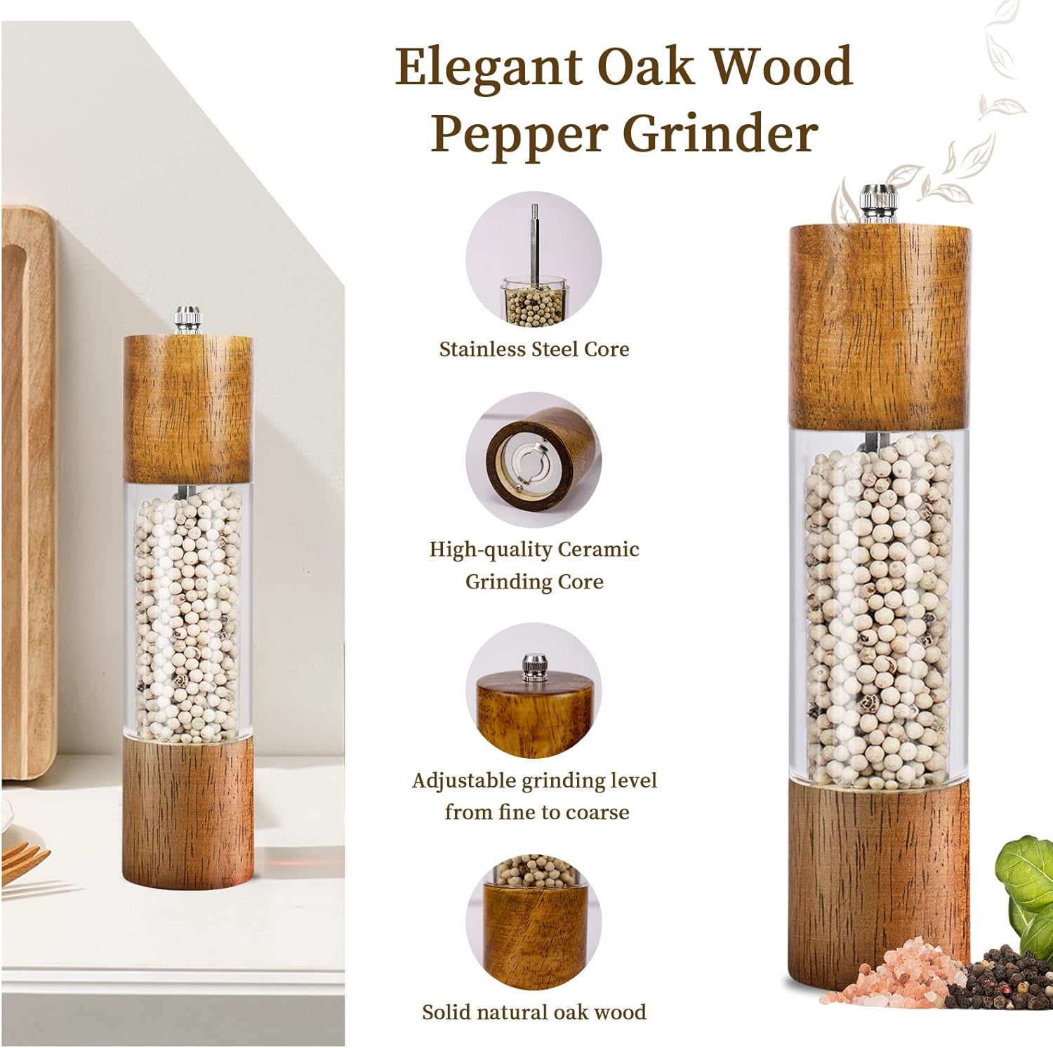 Haomacro 2 Pack Salt and Pepper Grinder Set, Premium Acrylic Salt and Pepper Mills - Manual Oak Wooden Shakers with Adjustable Ceramic Core-8 Inches