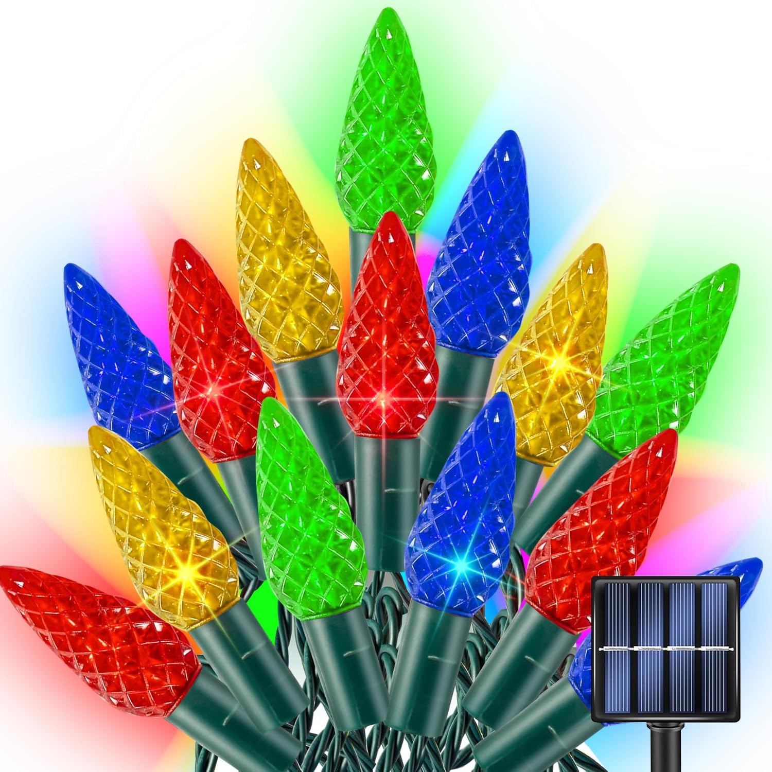 TW SHINE Solar C6 Christmas Lights Outdoor, 2 Pack 32FT 100 LED Solar Powered Christmas String Lights with 8 Modes, Waterproof Xmas Lights for Outside Tree Holiday Yard Decorations, Multi-Colored